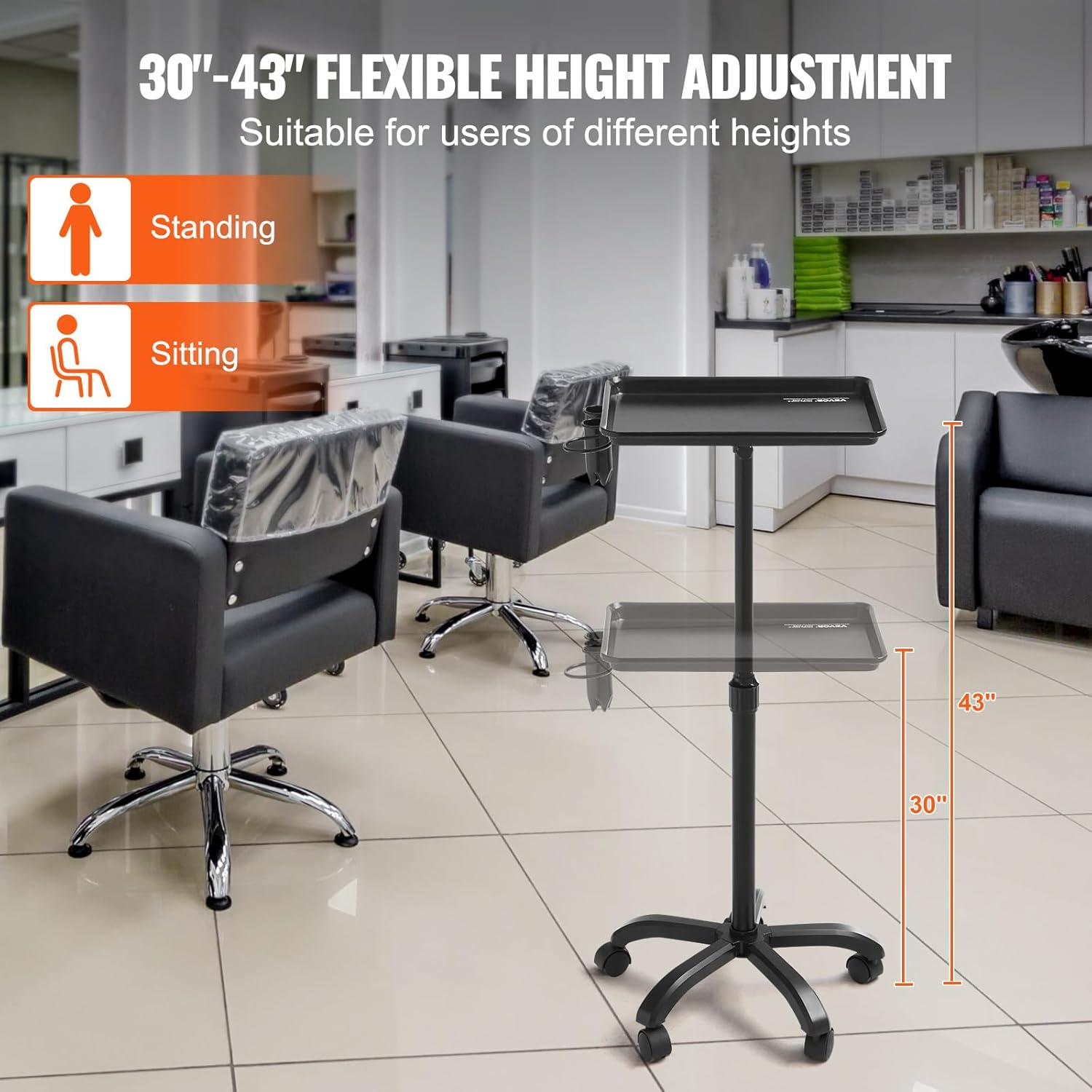 VEVOR Salon Tray Cart, 30"-43" Height Adjustable Rolling Salon Tray, Cold-Rolled Plate Tattoo Tray with 5 Wheels (2 Lockable) for SPA Barbershop Clinic, Black