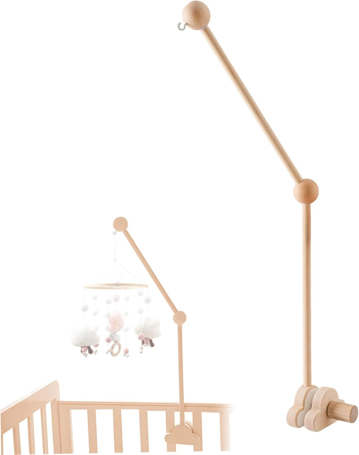 Baby Crib Mobile Arm,27Inch Wooden Cot Crib Mobile Holder,Adjustable Angle and Height,Baby Mobile Hanger for Home Baby Bed Bell Wind Chimes Cloud Design (White)