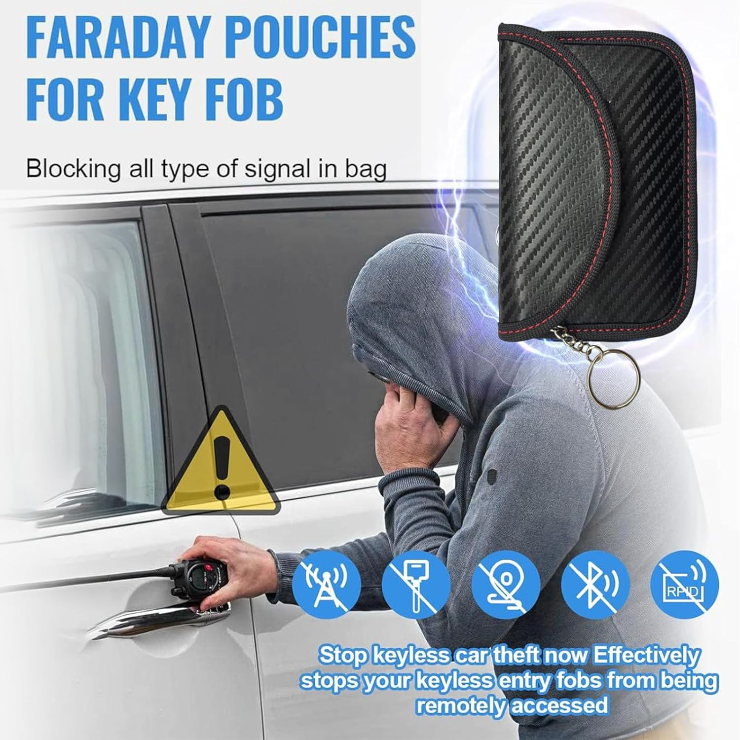 3 Pack Faraday Pouch for Car Keys - RFID Blocker Bag, Anti-Theft Signal Blocking Case, Waterproof Key Fob Protector with Hook & Keyring (Faraday Box Compatible) image number 3