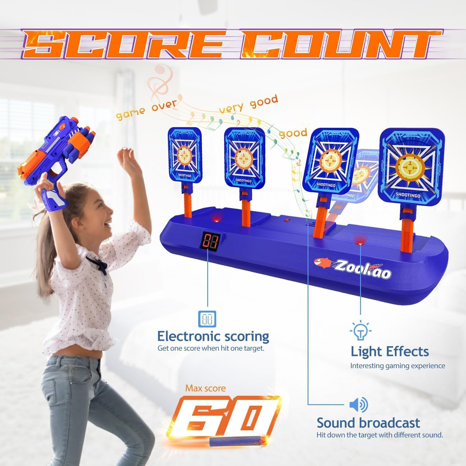 Zookao Digital Shooting Targets with Toy Gun, Nerf Gun Toy with Electronic Scoring Auto Reset 4 Targets, Shooting Games Toys for 6, 7, 8, 9, 10+ Years Old Boys Girls, Halloween for 6-12 Years Old Boys - Blau image number 6