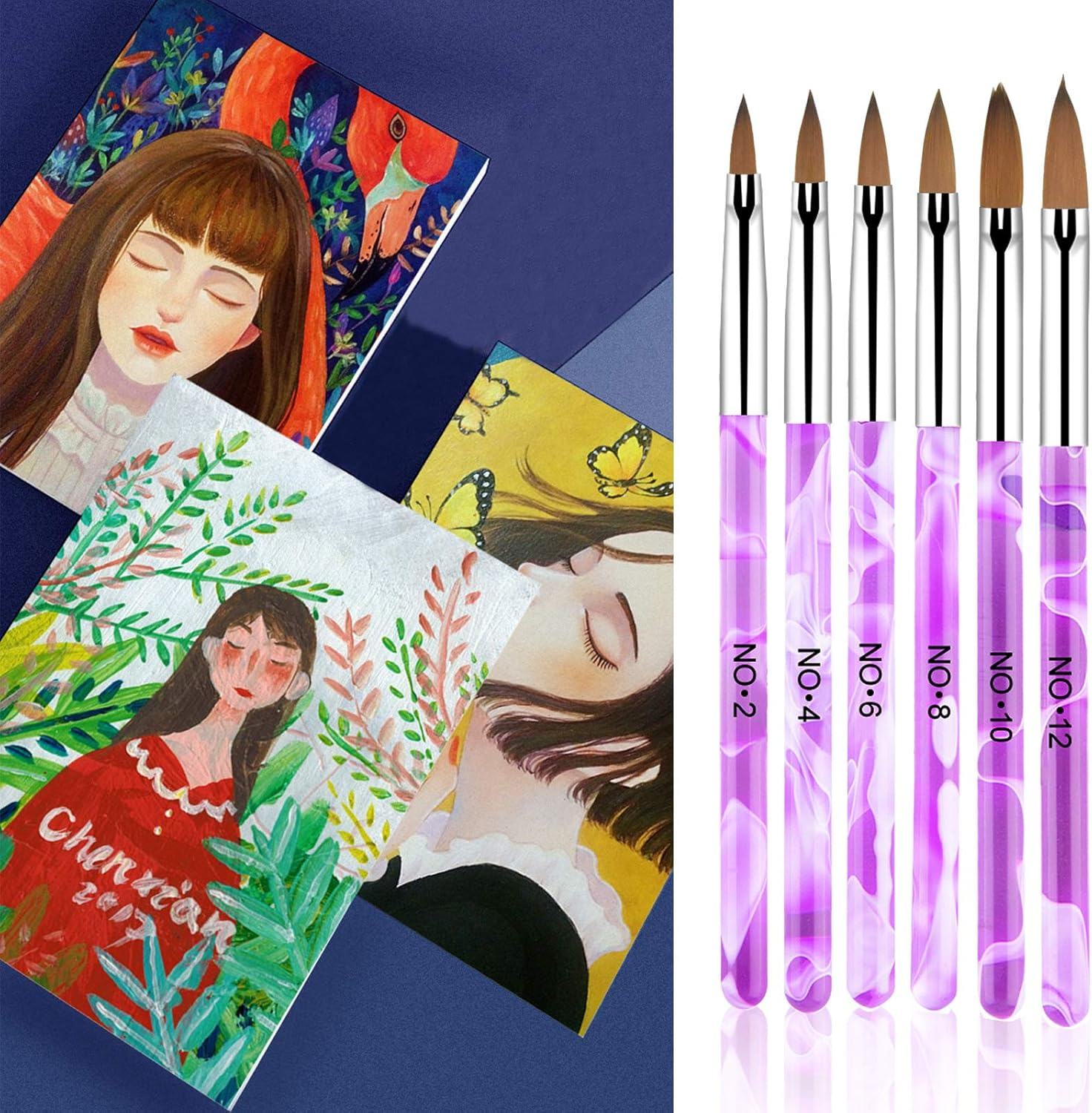 Avodova 6PCS Purple Nail Art Brush Set, Nail Art Tips Builder Brush, UV Gel Acrylic Nail Brush Nail Painting Brush Pen, Nail Art Design Painting Liner Pen Set, Acrylic Nail Brush Kit for Home Salon image number 4