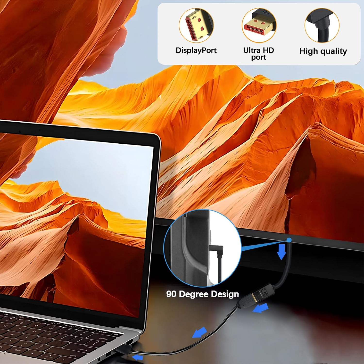 Duttek 16K Displayport 2.1 Cable 50Cm, DP2.1 Male to Male Cable 40Gbps Video Displayport Cable Support 16K@30Hz, 8K@120Hz, 4K@240Hz, HDR, HDCP2.2, ARC for Gaming Monitor (Down Angle)