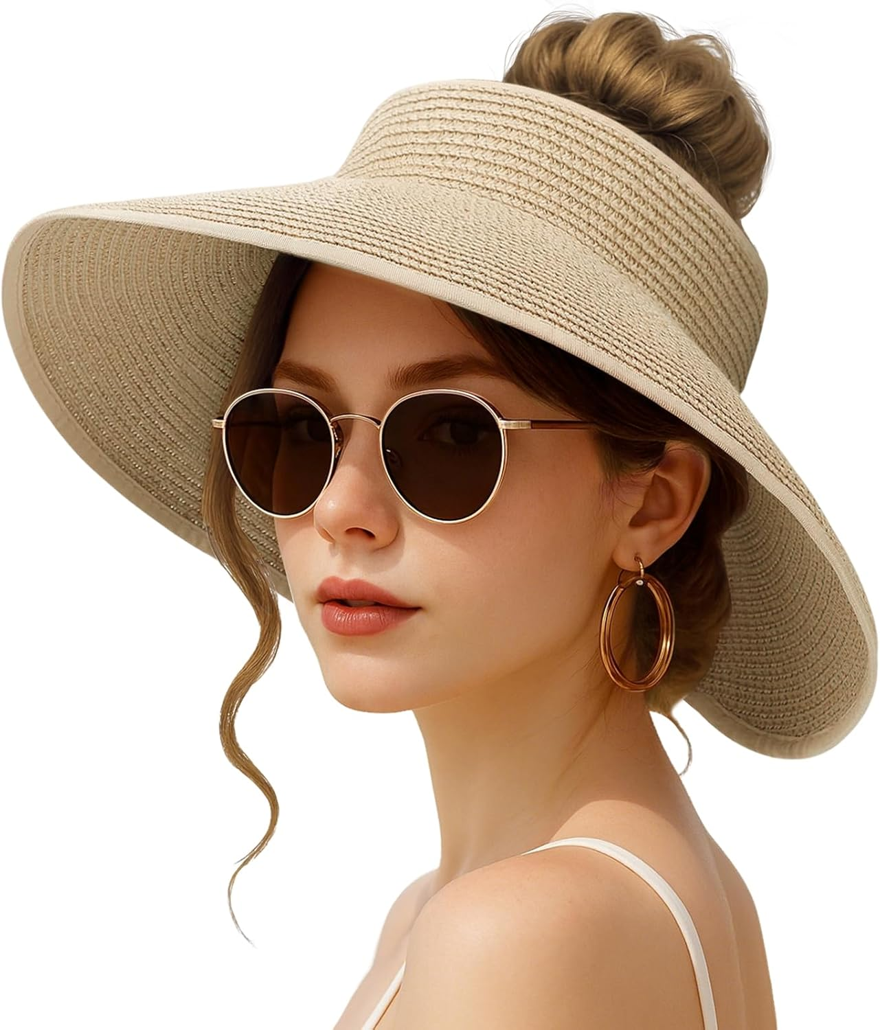 XMMAXFLOW Sun Hats for Women Beach Hats Wide Brim Straw Sun Visors Ponytail Hat Summer Packable Foldable Travel