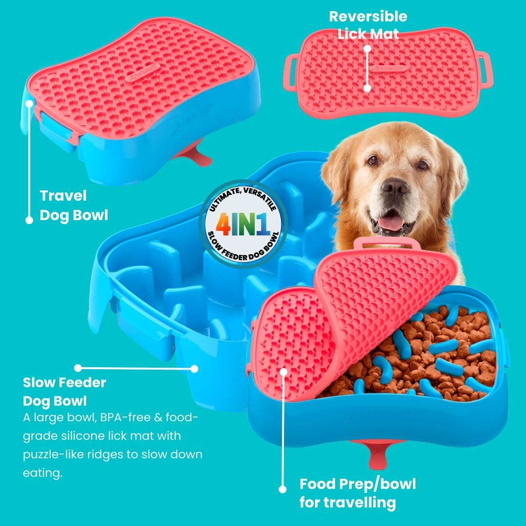 Super Feedy Slow Feeder Dog Bowls & Lick Mat - 4-In-1 Dog Bowl - Dog Slow Eating Bowl - Bpa-Free, Food Grade Silicone Slow Dog Feeding Bowl - Slow Eating Pet Bowl for Fast Eaters - Red-Teal - Red Bowl  Teal Lick Mat image number 6