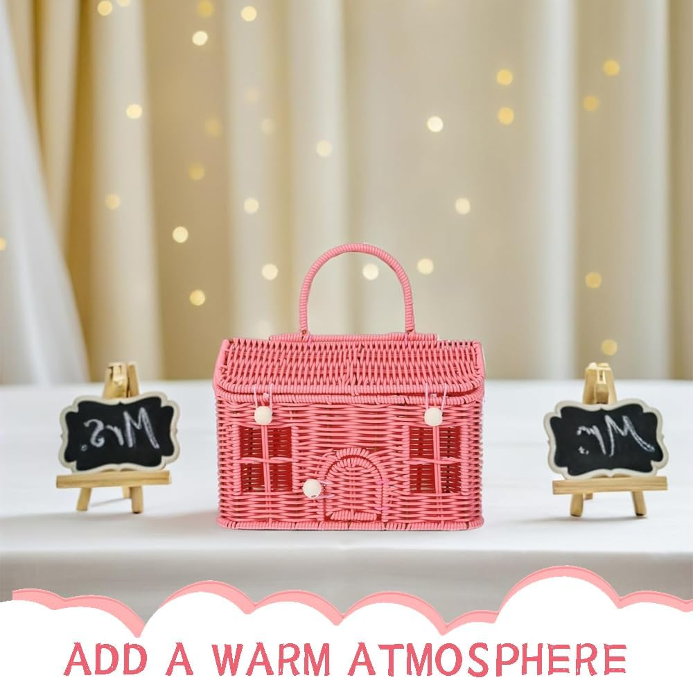 House Shaped Storage Basket with Lid, Hand Woven, Featuring a Folding Handle, Ideal as a Shelf Organizer, It Holds Blankets, Toys, and More, Blending Functionality with Farmhouse Charm