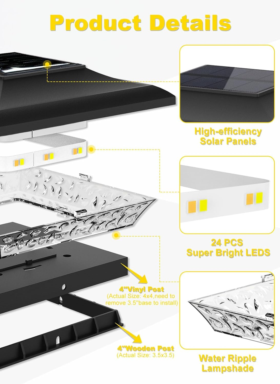 T-SUN Solar Post Cap Lights 6 Pack for 4X4 Vinyl/Wooden Posts, Waterproof Outdoor Warm/Cool White（3000K/6000K） Solar Powered Deck/Garden/Patio Lighting image number 5