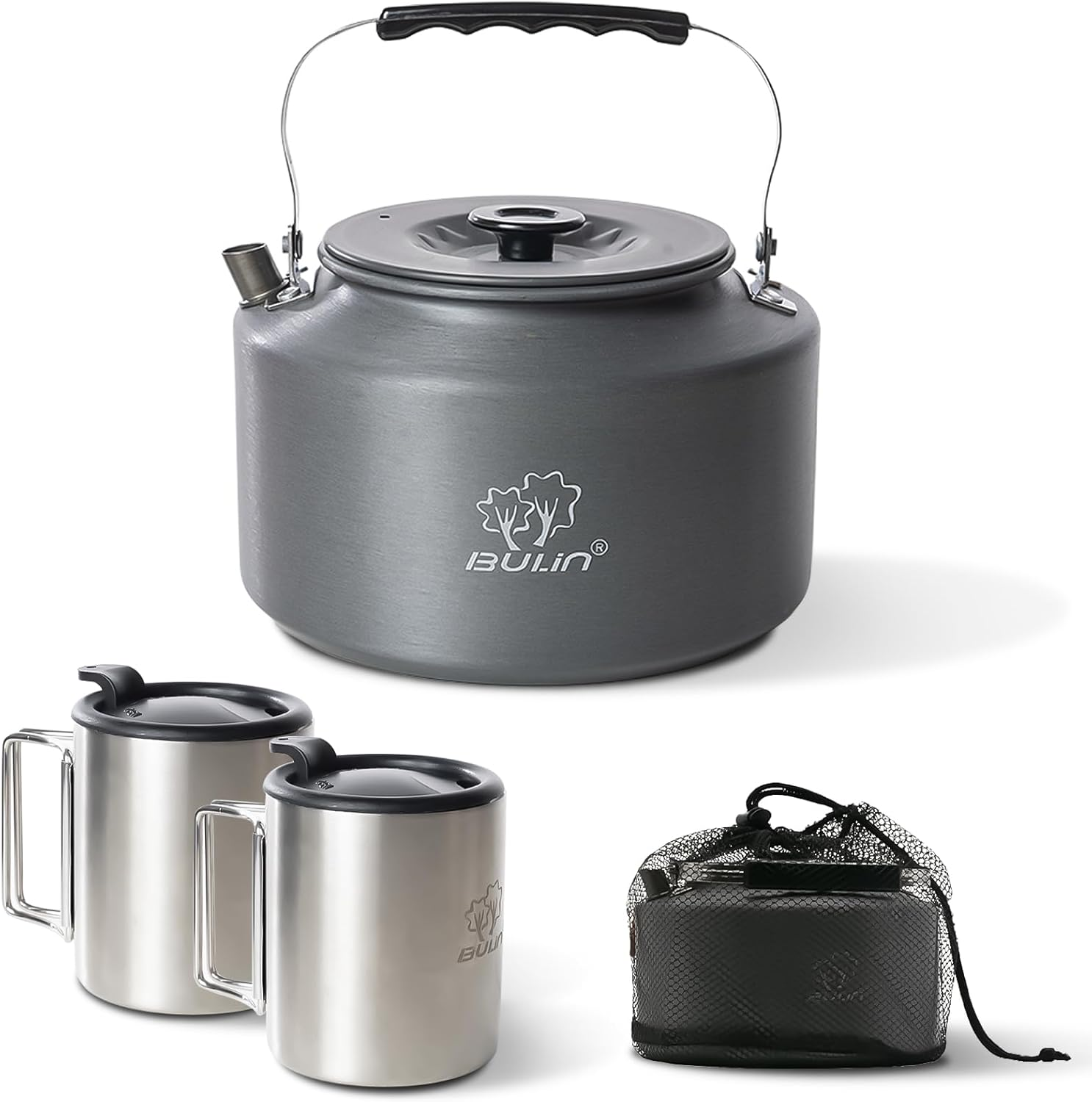 Bulin 2.2 L Camping Tea Kettle with 2 Cups Kettle Outdoor Stainless Steel Cup with Lid and Foldable Handle for Outdoor Picnic Hiking image number 2