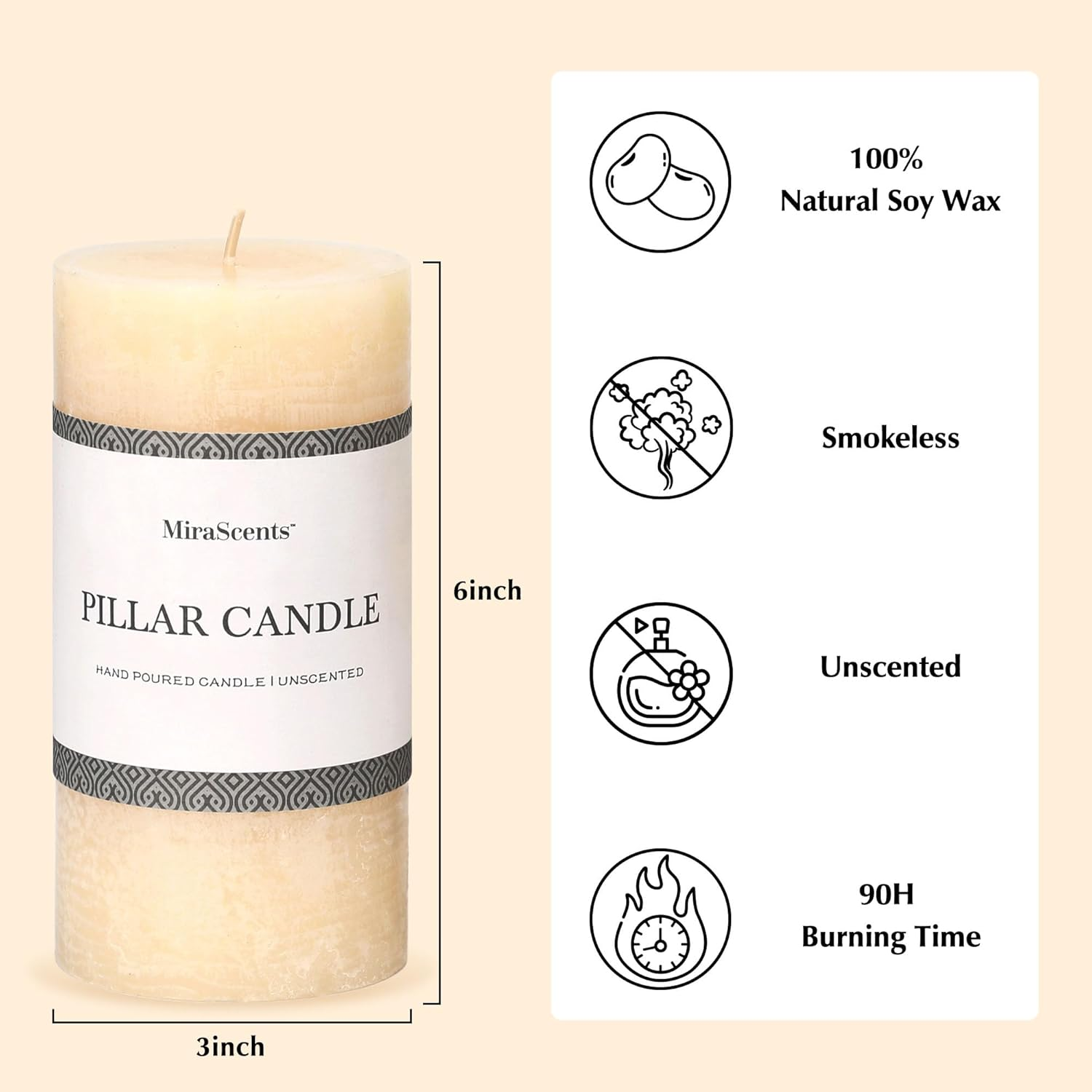 3X6 Inch Ivory Pillar Candles Set of 3 - Hand-Poured Unscented Candles, Long Clean Burning, Large Big Candles, Smokeless Dripless Candles for Dinner Table, Wedding, Home, Bathroom, Rustic Decor image number 4