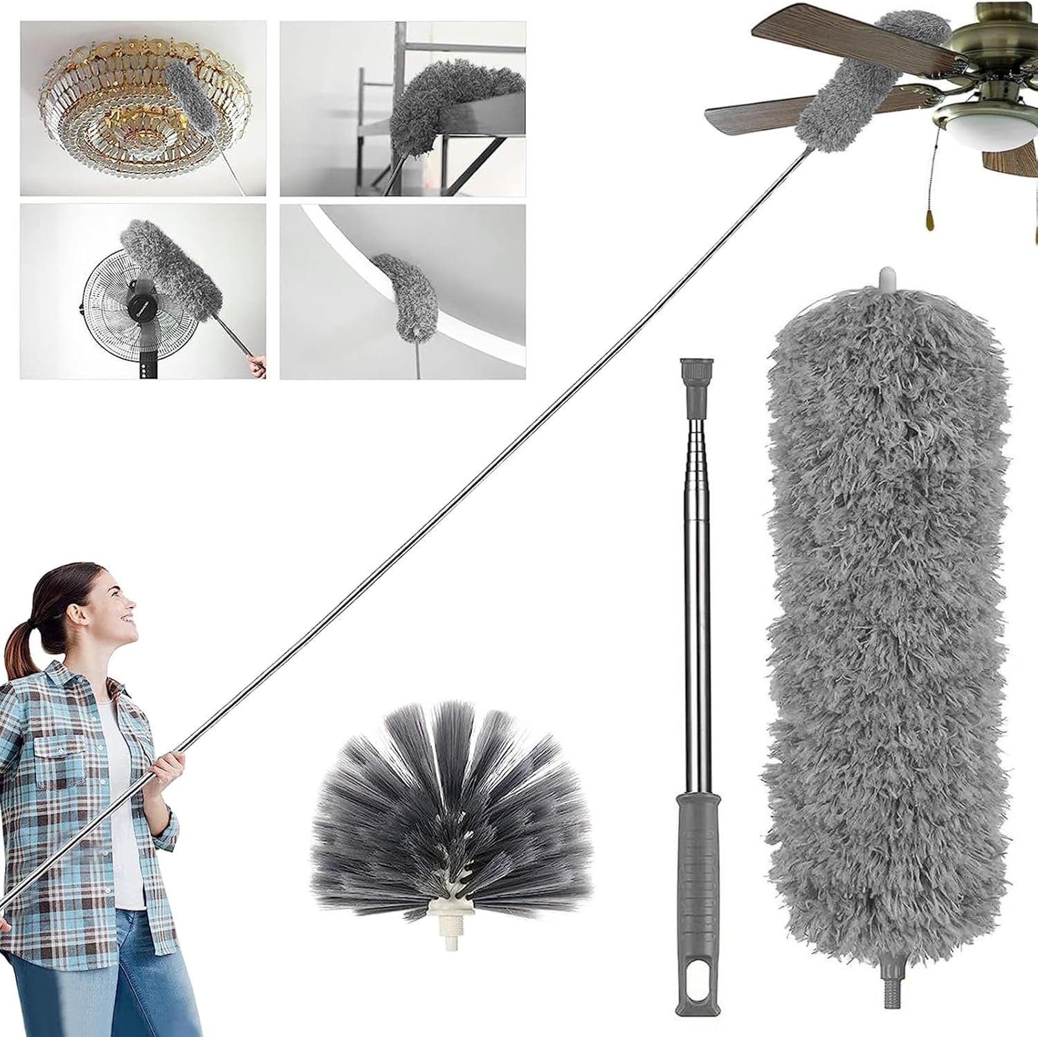 Microfiber Duster, Necomi&reg; with Extension Pole(Stainless Steel) 30 to 100 Inches, Reusable Bendable Dusters, Washable Lightweight Dusters for Cleaning Ceiling Fan (3PCS) image number 6