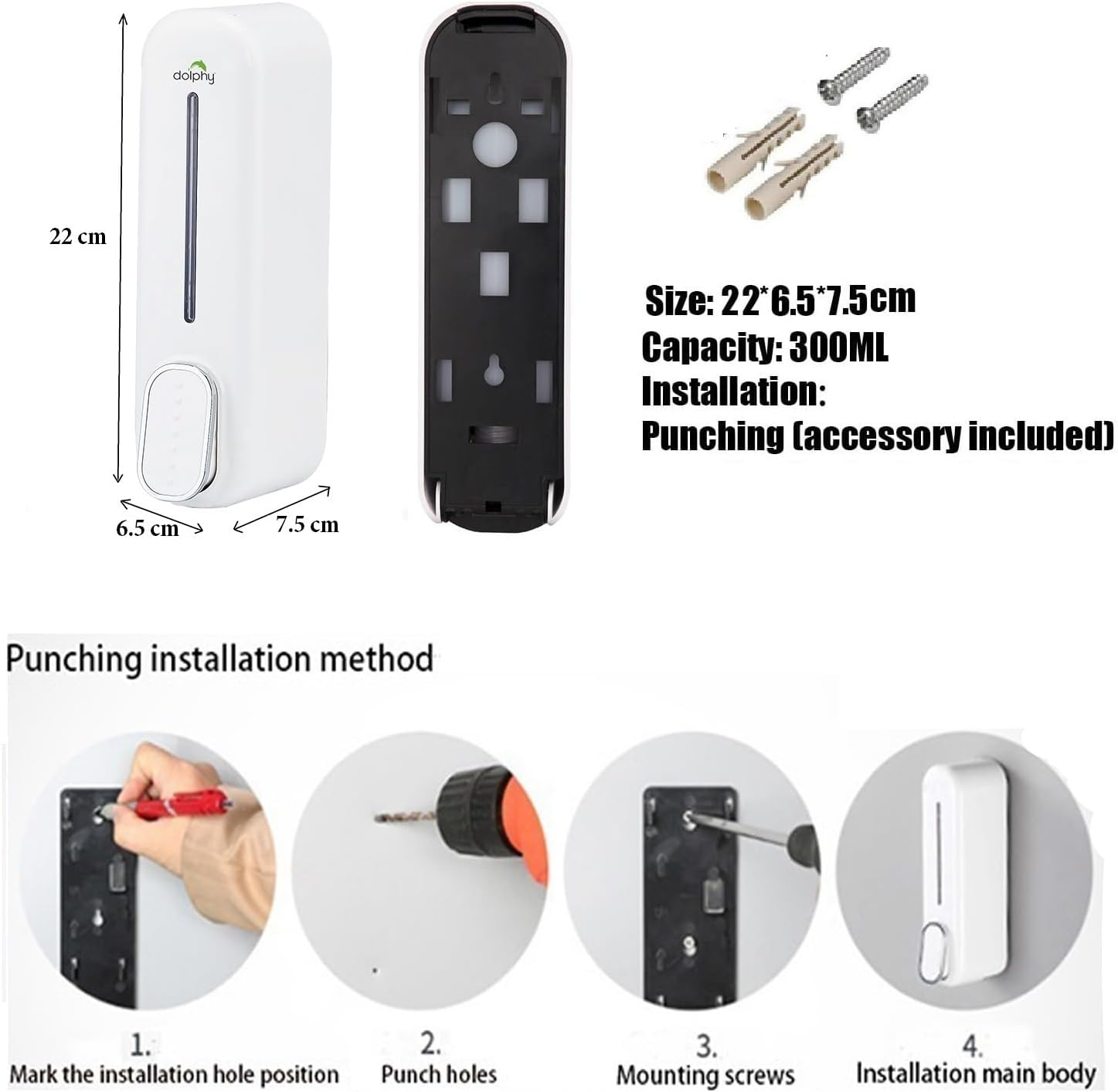 Dolphy 300ML Wall Mount Soap Dispenser | Manual Operation | ABS Plastic | White | for Liquid Soap, Shampoo, Conditioner | Easy Refill | for Bathrooms & Kitchens image number 4