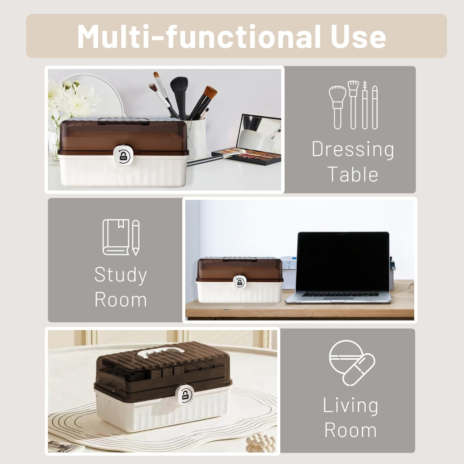 VNIMTI Makeup Display Case, 3 Layer Cosmetics Organizer, Large Makeup Vanity Organizer Storage Box, Jewelry & Skincare Organizers for Bedroom, Countertop, Foldable, White