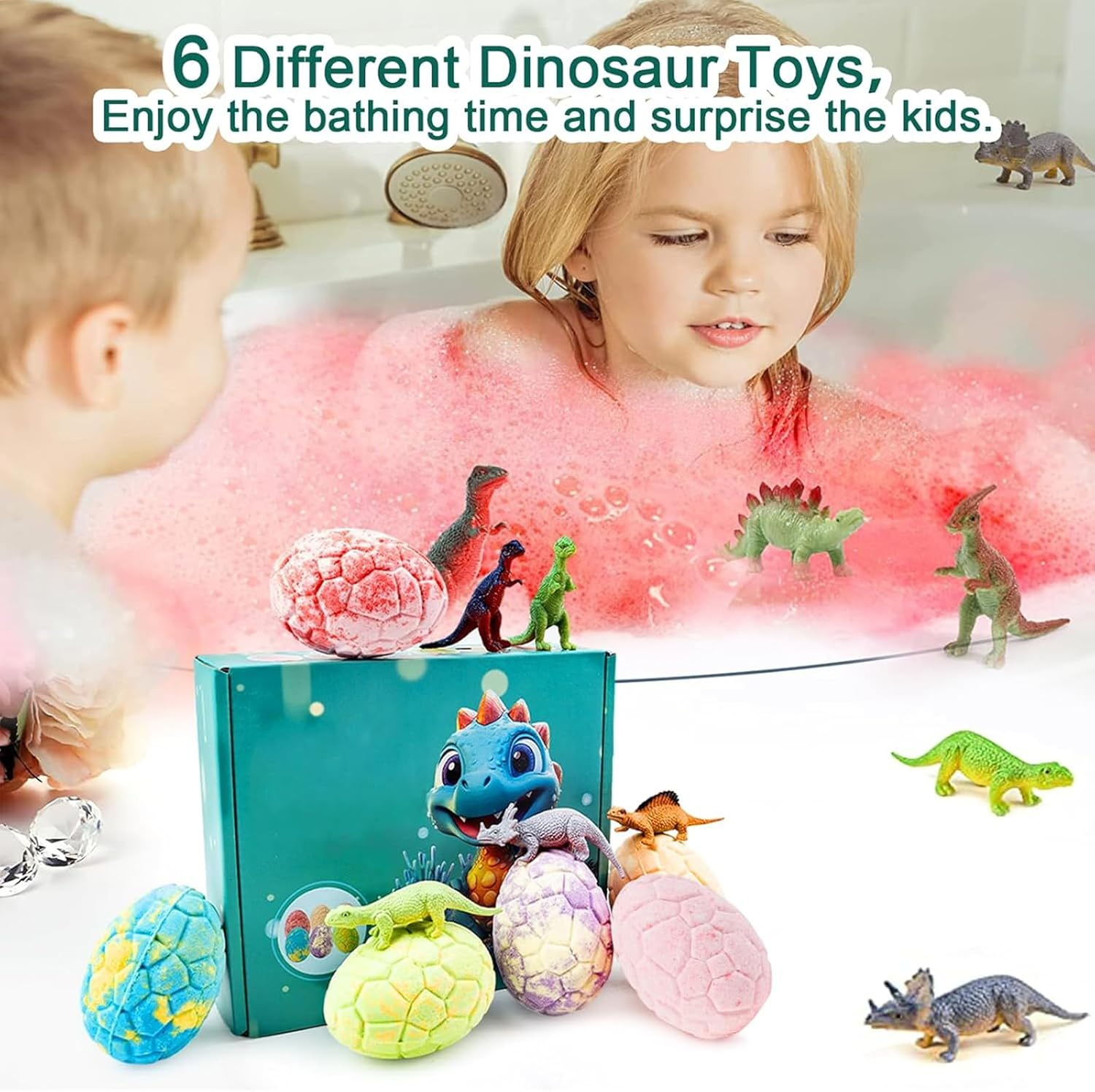 Dinosaur Bath Bombs with Surprise Inside, Dino Egg Bath Bombs Spa Handmade Organic Bubble Bath Bomb Organic Essential Oil (Green) - Pink image number 4