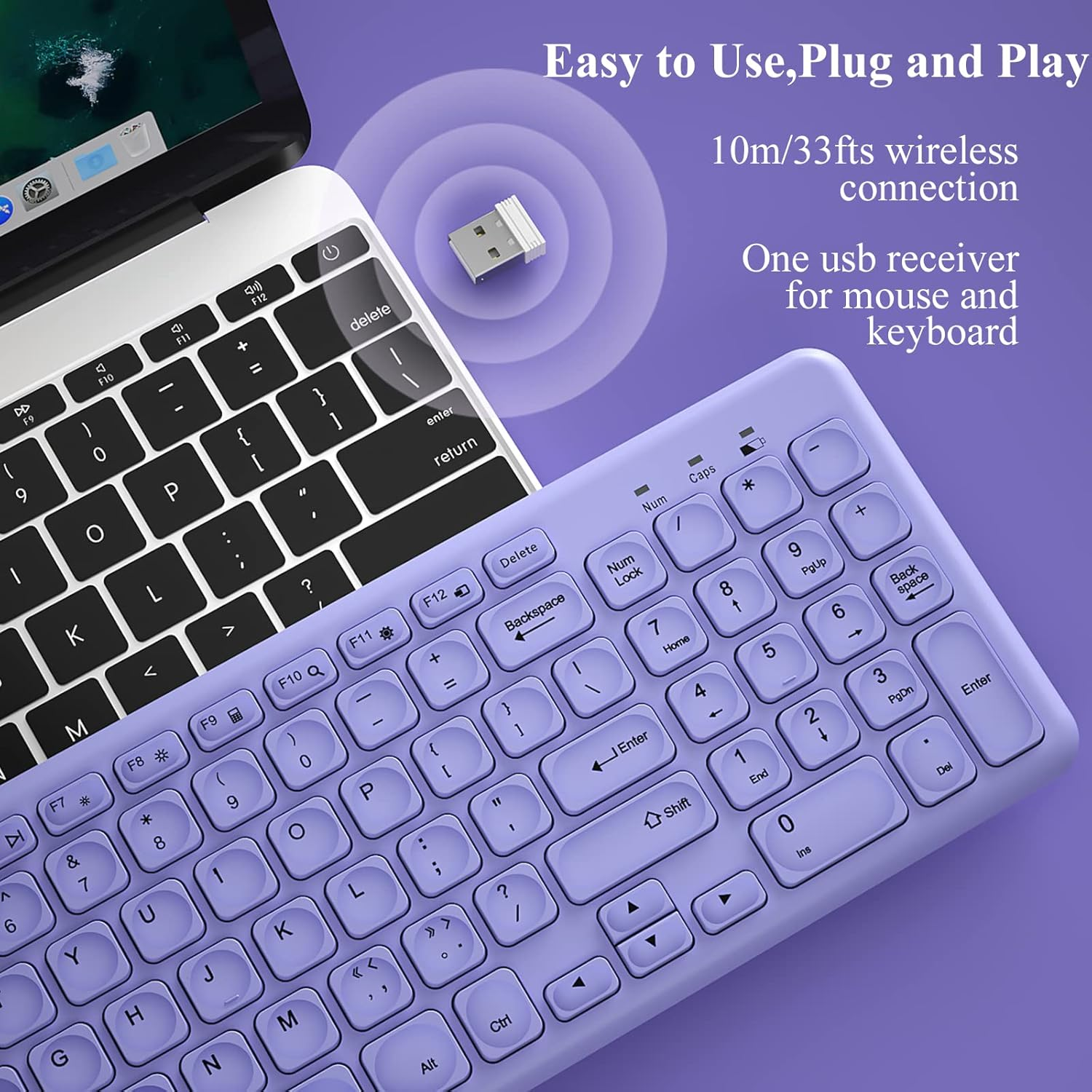 Wireless Keyboard and Mouse Combo,Jieruideng 2.4Ghz USB Cordless Slim Silent Keyboard and Mouse Kit Home Office Game Use for Computer,Laptop,Pc Desktops,Mac (Purple) image number 4