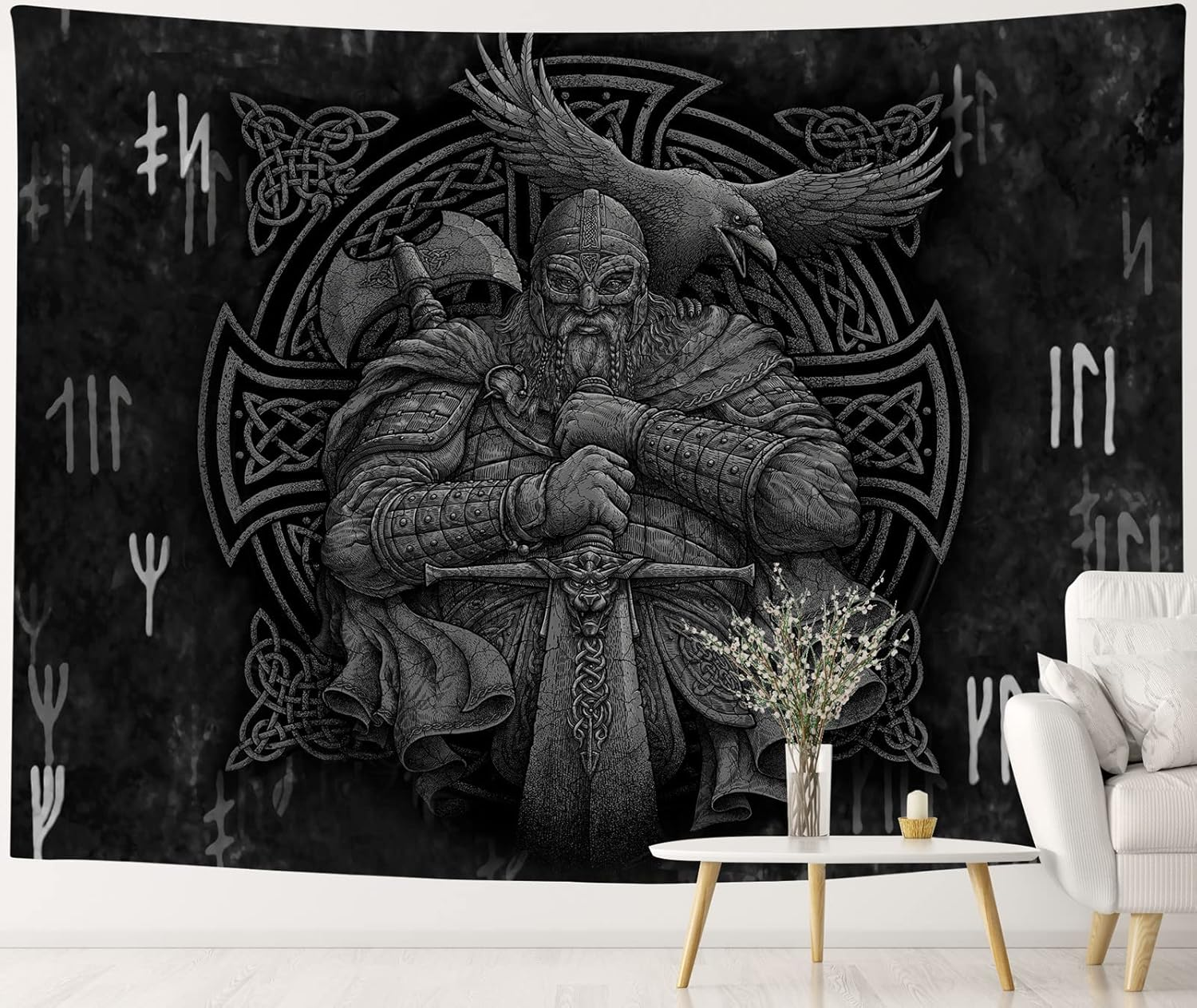 ST Soleme.Tc Norse Viking Tapestry Odin Warrior Sword Axe Raven Tapestries Square Knot Tattoo Wall Hanging Nordic Meditation Runes for Men Bedroom Aesthetic Gothic Room Home Decor 59" X 51" image number 3