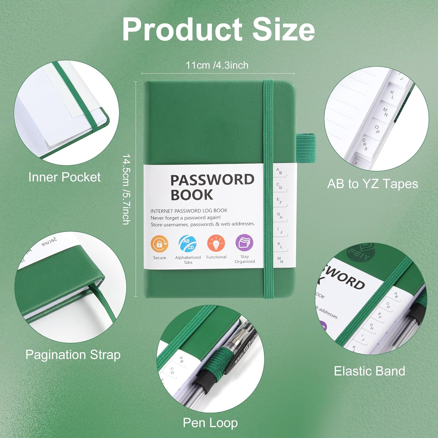 JUNART A6 Password Book,Internet Password Log Book with Alphabetical Tabs, Hardcover Address Book with Elastic Pen Loop(Green) - Black image number 6