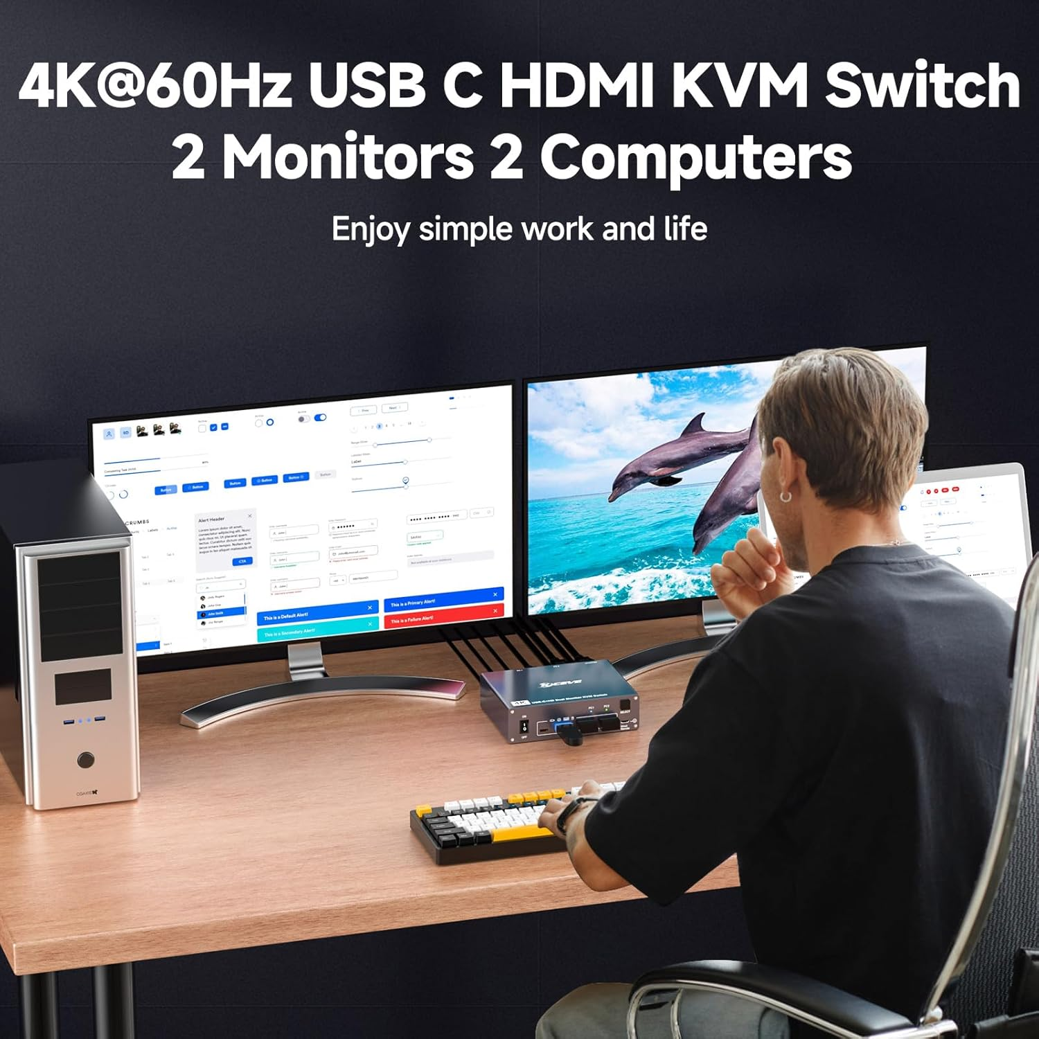 USB Type C Docking Station Dual Monitor KVM Switch 2 Monitors 2 Computers USB-C HDMI 5Gbps 4K@60Hz KVM Switch for Laptop & Desktop PC, 100W PD Charging, with Type-C 3.1 Gen2 Cable and Wired Remote image number 5
