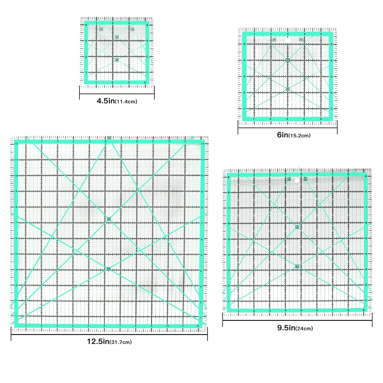 MANUFORE 4Pcs Square Quilting Ruler (12.5&rdquo;/ 9.5&rdquo;/ 6&rdquo;/ 4.5&rdquo;) Sewing Acrylic Ruler Anti-Slip Ruler DIY Quilting Tools with Clear Printed Lines for Precise Cutting image number 3