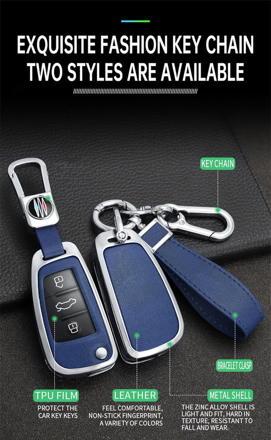 Ontto Metal Car Key Fob Cover Fit for Audi A1 A3 8P A4 A5 A6 C7 A7 S3 S7 S8 R8 Q2 Q3 Q5 Q7 Q8 SQ5 TT RS3 RS6 3 Buttons Flip Leather Key Case Shell Key Holder Keyring Keychain Accessories Black-Green - Black-Borwn image number 7