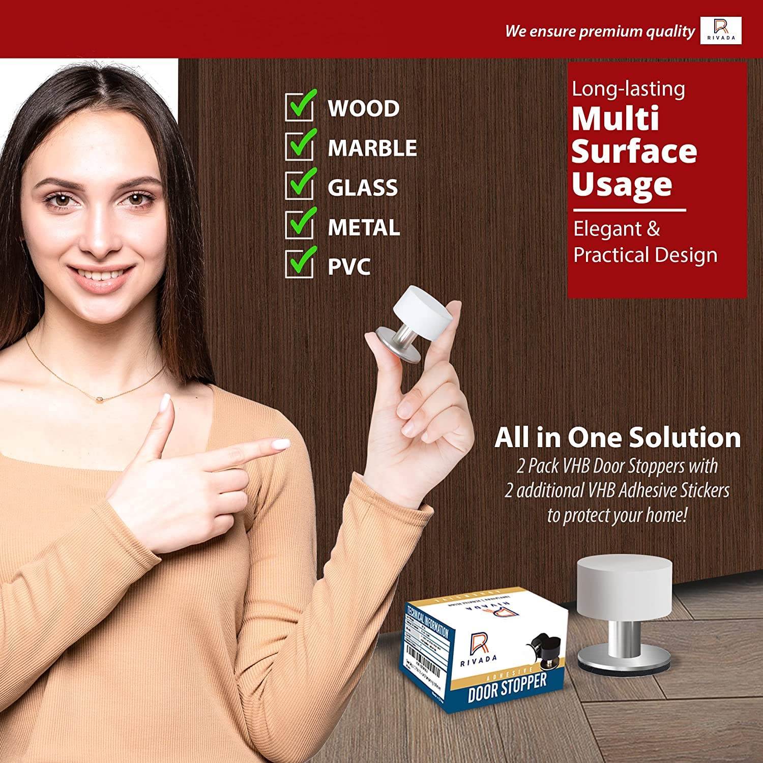 2-Pack Door Stops with Extra Stickers, Self-Adhesive Door Stopper with White Rubber & Stainless Steel Body - Heavy Duty Sound Dampening Door Bumpers for Home & Office Use image number 5