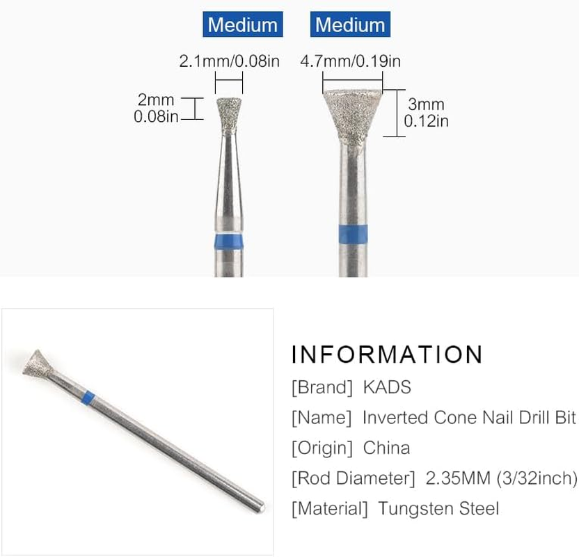 KADS Cuticle Nail Drill Bits Cuticle Bit for Nail Drill Diamond Drill Bits 3/32&rdquo; Professional Safety Cuticle Clean Drill for Electric Remove Cuticle Dead Skin (47D-M, Inverted Cone Shape) image number 4