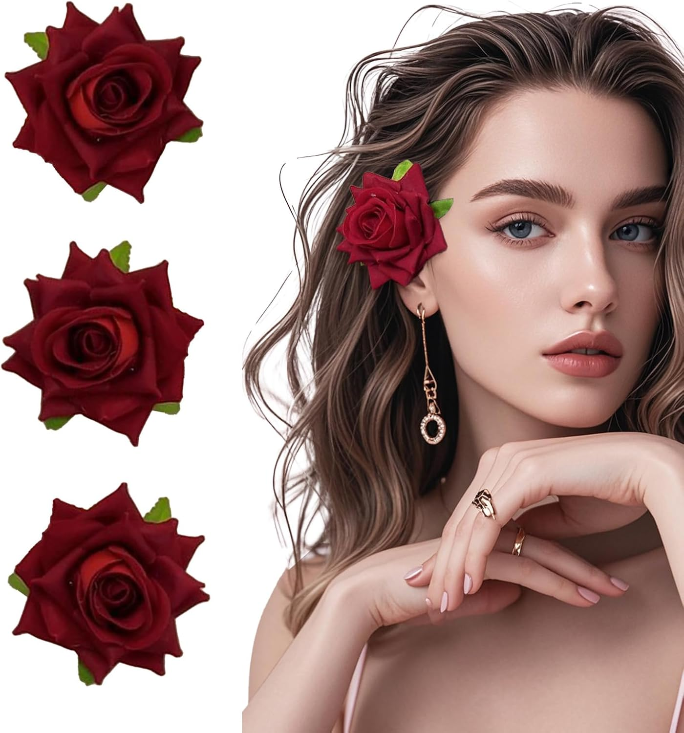 Pack of 3 Rose Hair Clips Flower Hair Clips Rose Brooch Flower Clips for Women Girls Carnival Party Wedding image number 4