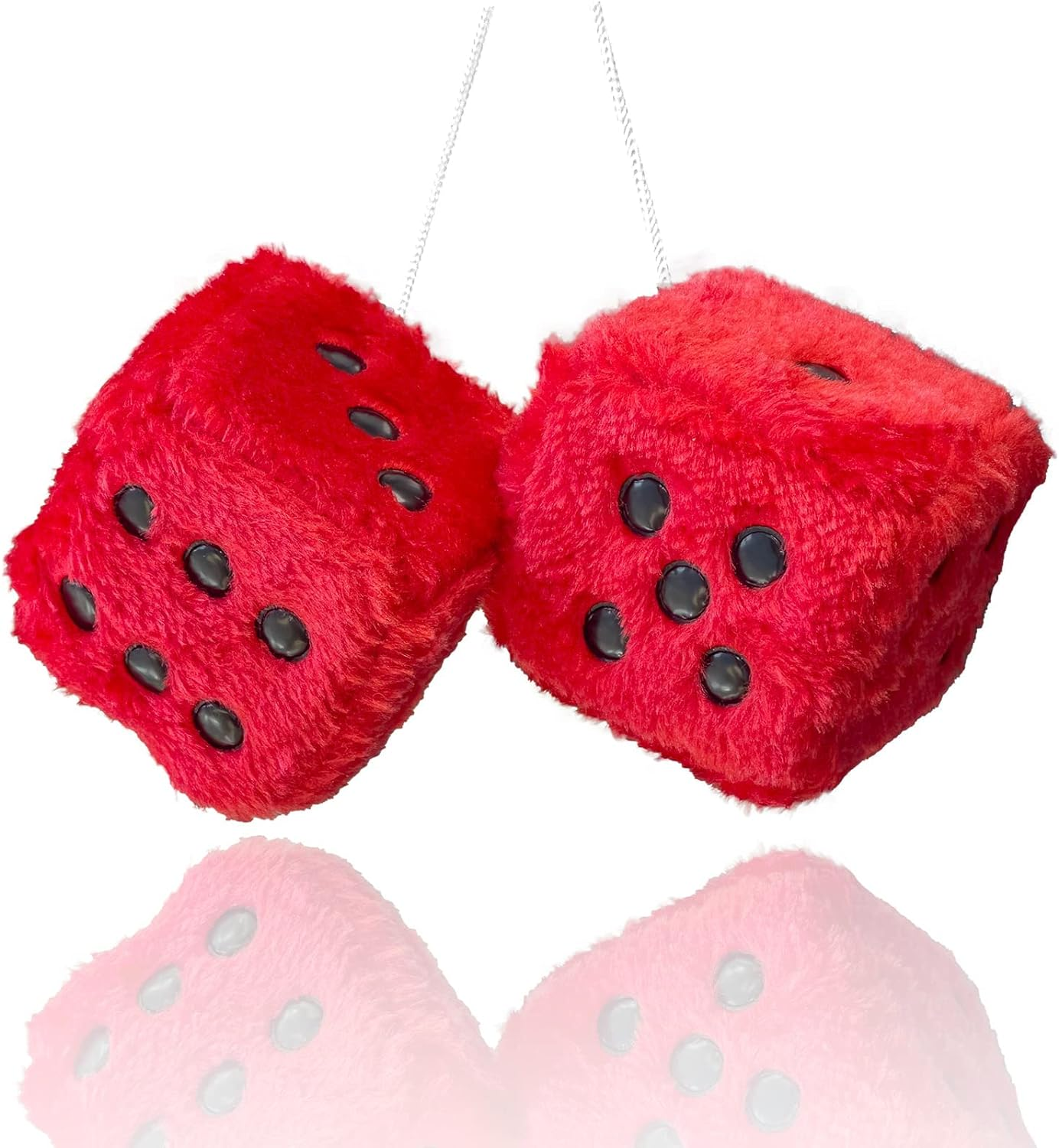 Fuzzy Plush Dice for Car Mirror, Pair of Retro 3&rdquo; Red Dice with Black Dots for Car Interior Hanging Ornament Decoration image number 4