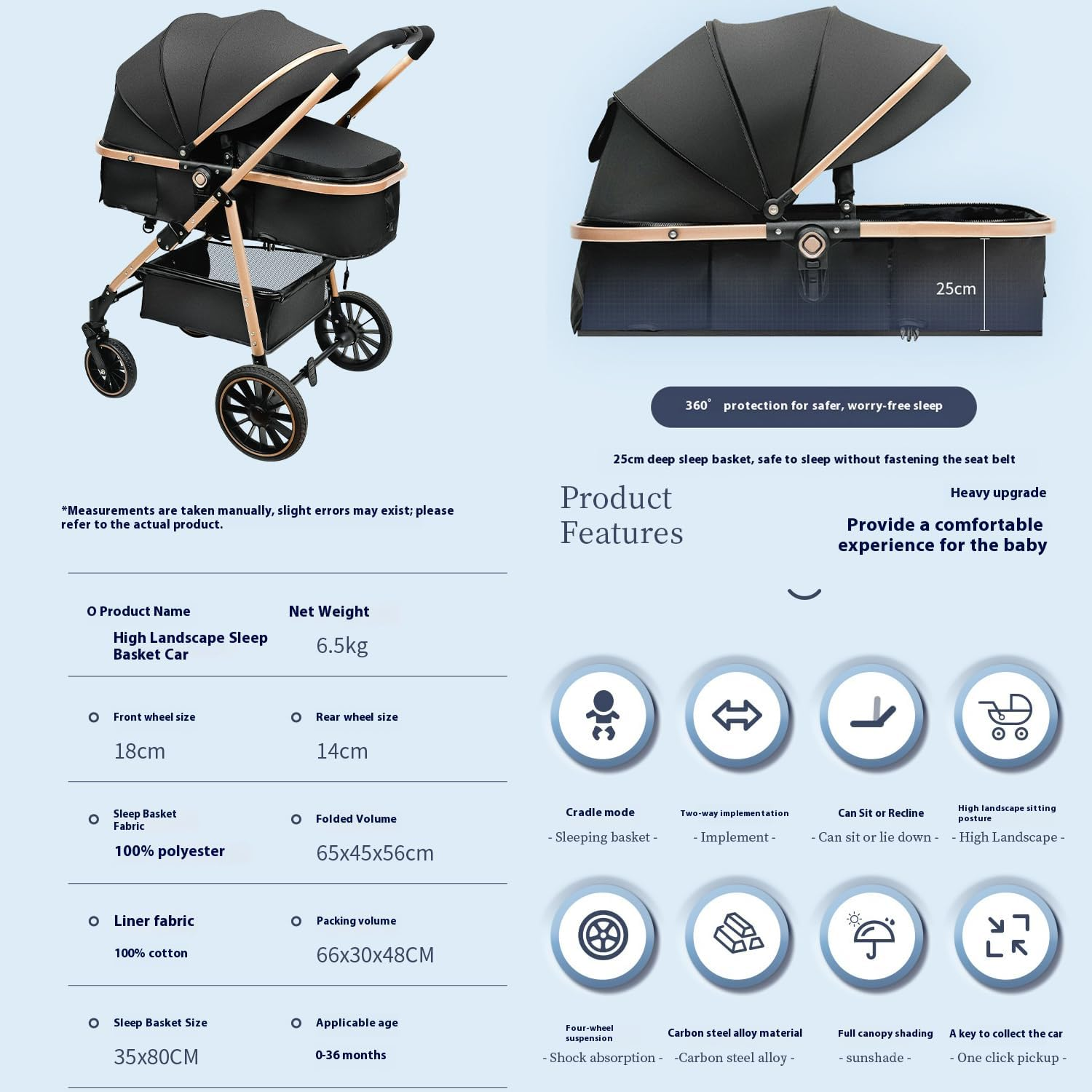 Xcjump Baby Stroller 3 in 1, High Landscape Travel Pram, Lightweight One-Hand Fold, Convertible Reversible Seat, Shock-Absorbing PU Wheels, Adjustable Canopy,Compact & Portable for Newborns & Toddlers