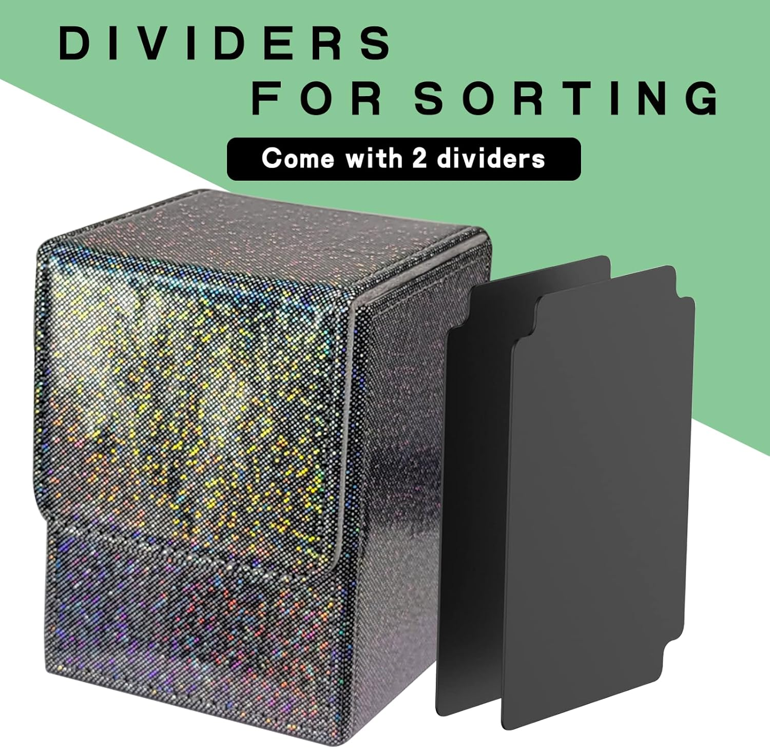 Dmoicols Sparkly Card Deck Box Holds 100+ Single Sleeved Cards,Leather Card Storage Case,Mtg Commander Deck Box with 2 Dividers Fit TCG CCG Magic Cards Vertical(Sparkly Black Point) image number 2