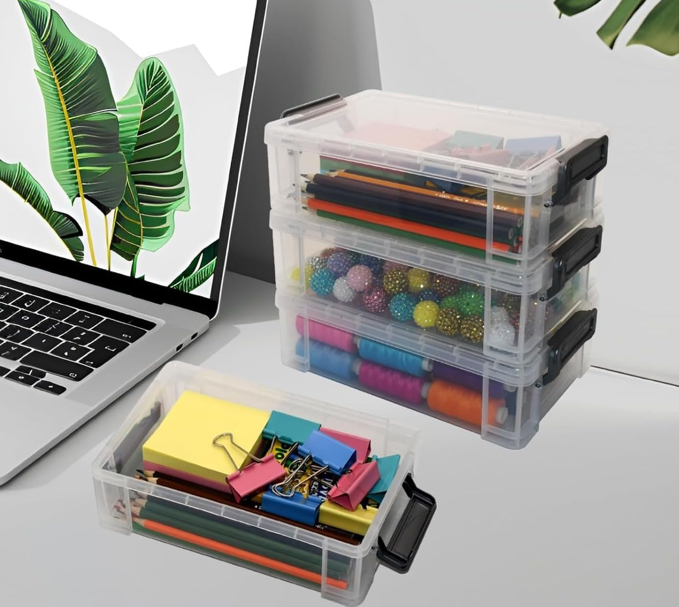 2 Packs Large Pencil Box Large Capacity Pencil Case Clear Plastic Storage Container Long Paint Brush Storage Box Plastic Pencil Holder with Latching Lids (Grey, One Size) image number 2