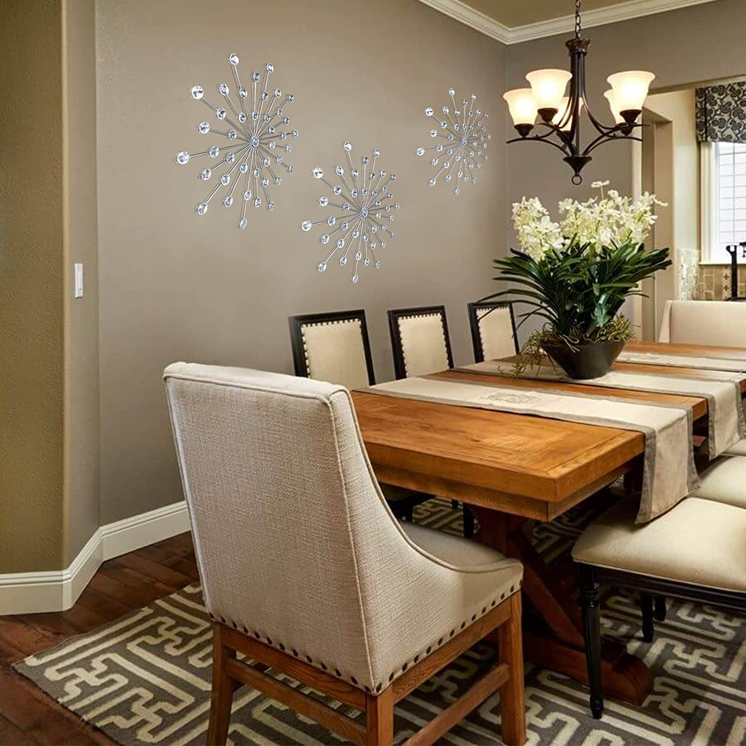 ZEXUIRU 3 Set Silver Metal Jeweled Wall Art Bling Crystal Home D&eacute;cor Starburst Rhinestone Wall Hanging Diamond Accents image number 4