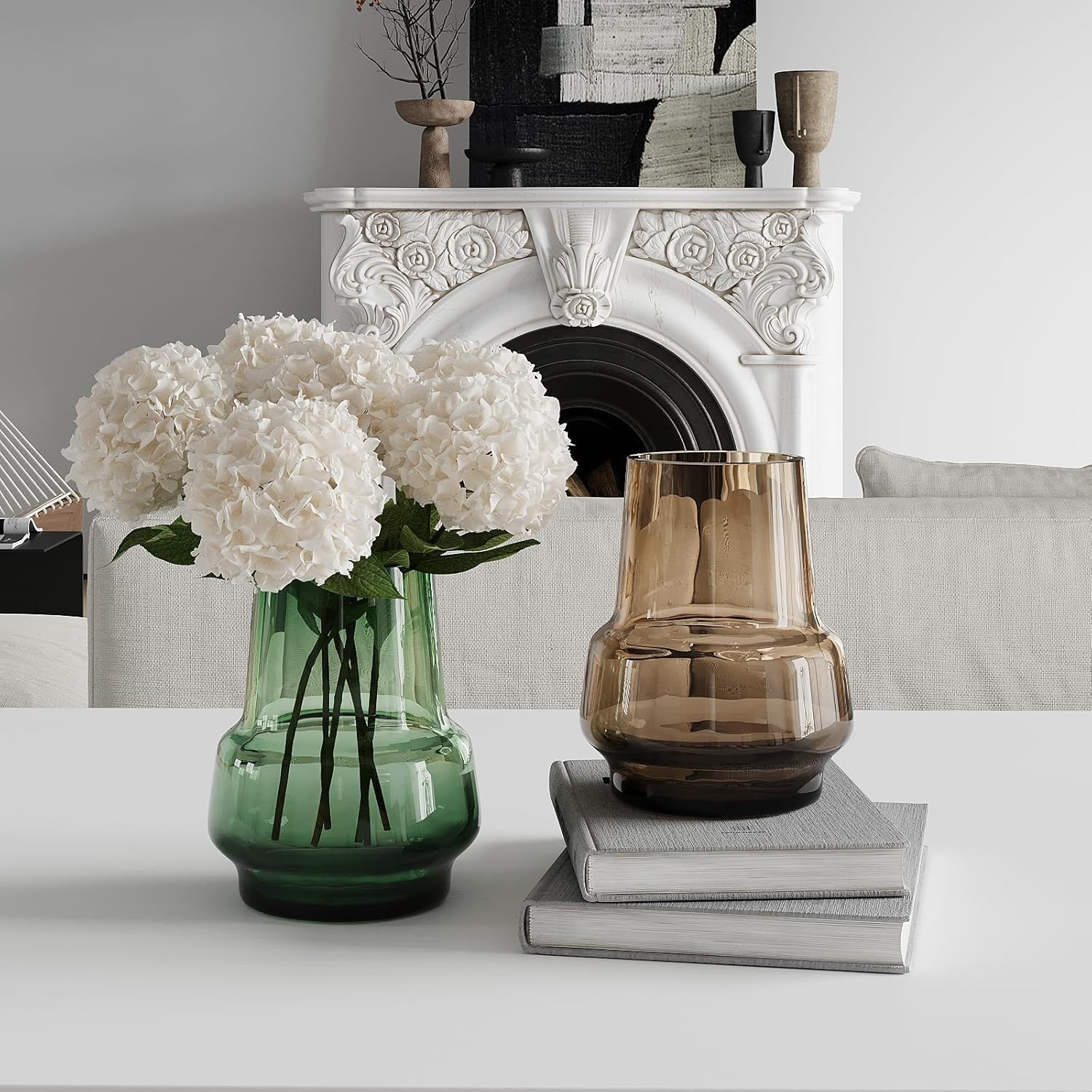 Relexome Green Glass Flower Vase for Centerpieces Bouquet Flowers Modern Wide Mouth Glass Vase Decorative Bud Vases for Home Decor, Living Room, Kitchen, Dining Table, Entryway 7.3 Inch image number 1