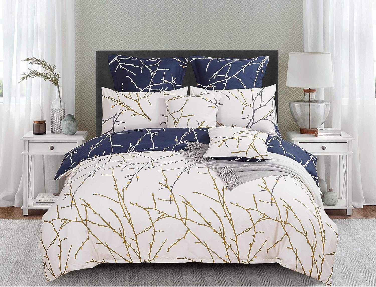 Tree Reversible Double/Queen/King/Super King Size Duvet/Doona/Quilt Cover Set (Queen, Blue&Beige) image number 4