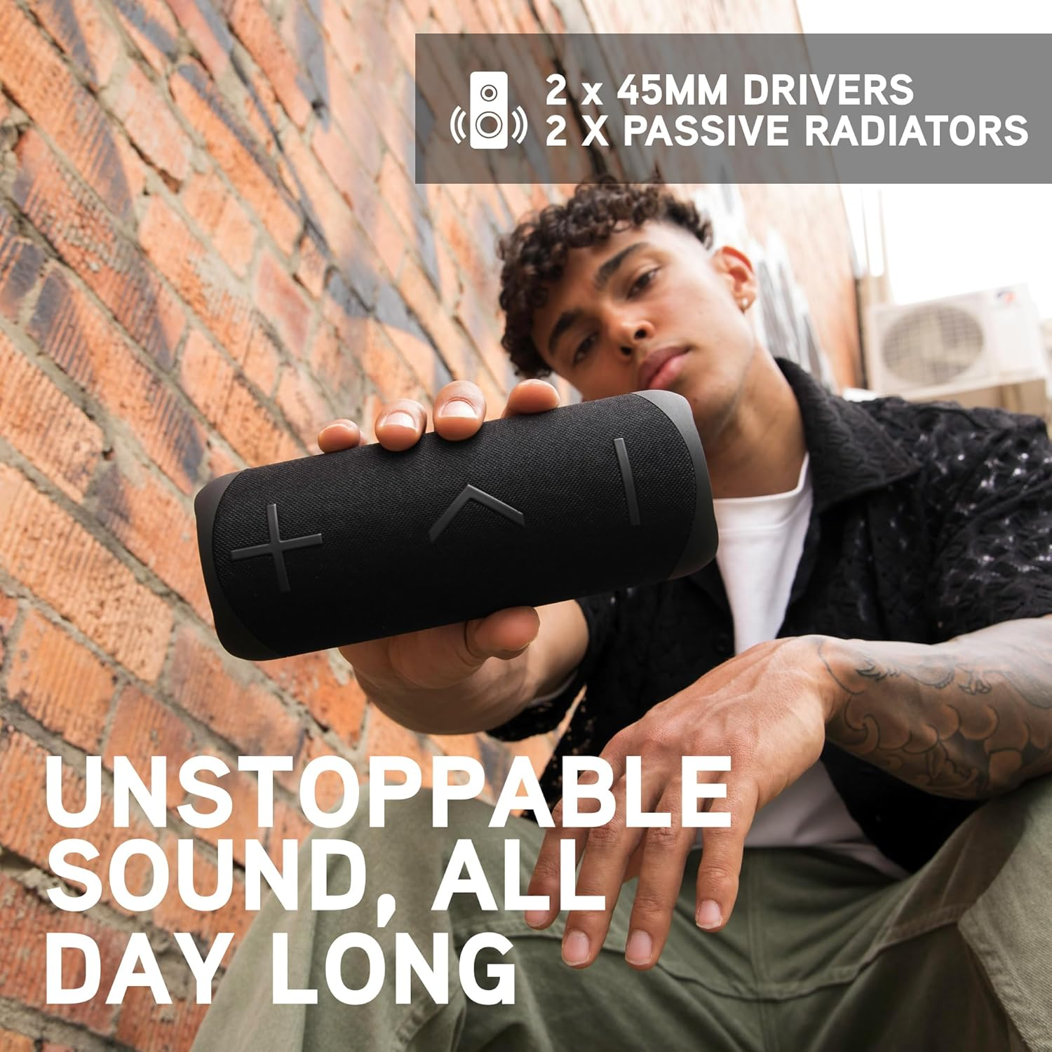 Blueant X2I Portable Bluetooth Speaker, 20W Powerful Sound, IP56 Splashproof, 12Hr Battery Life, Built-In Microphone, Duo Mode Wireless Pairing, AUX Input, Black - Black image number 2