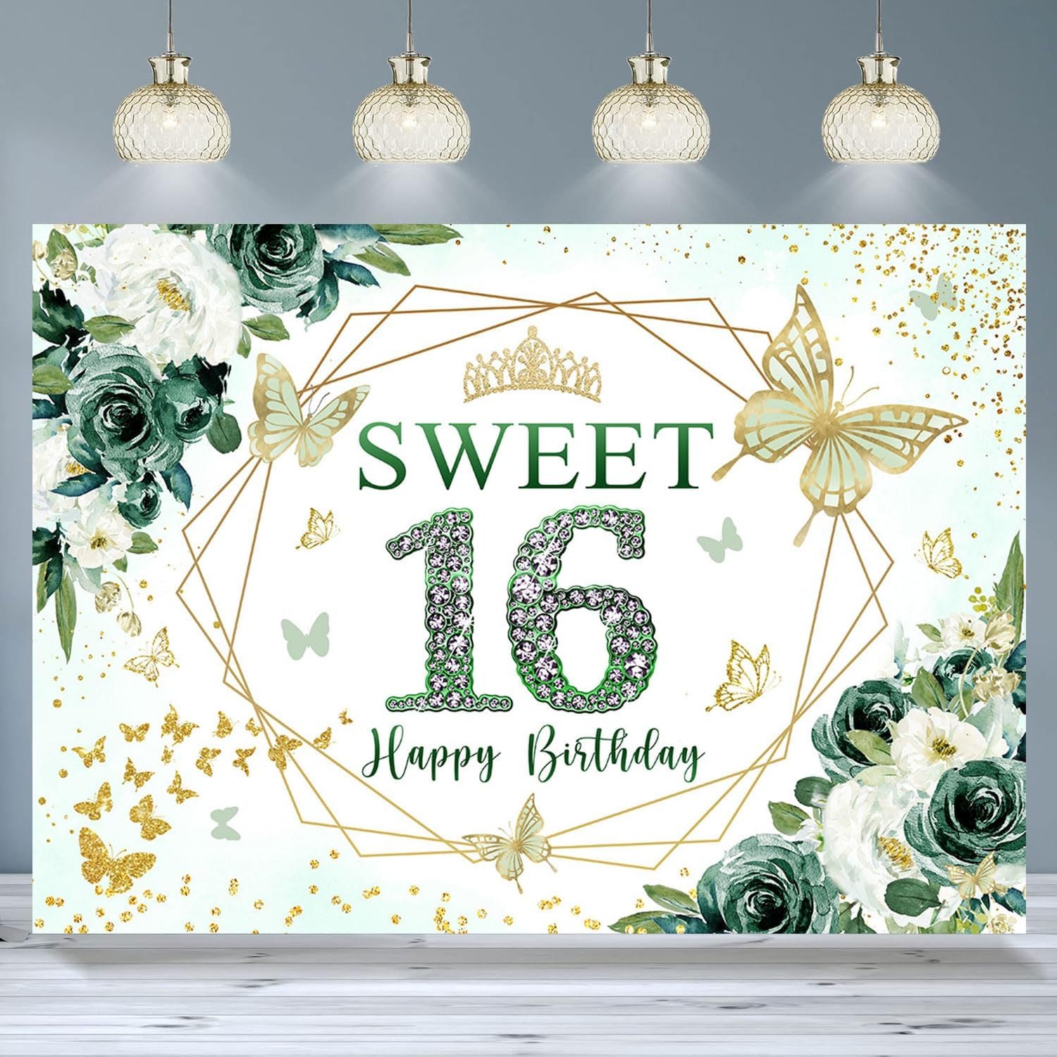Inmemory Sweet 16 Birthday Backdrop Floral Green Roses Glitter Gold Butterfly Princess Girls Sixteen 16Th Birthday Theme Party Decoration Banner Bday Cake Table Background 7X5Ft