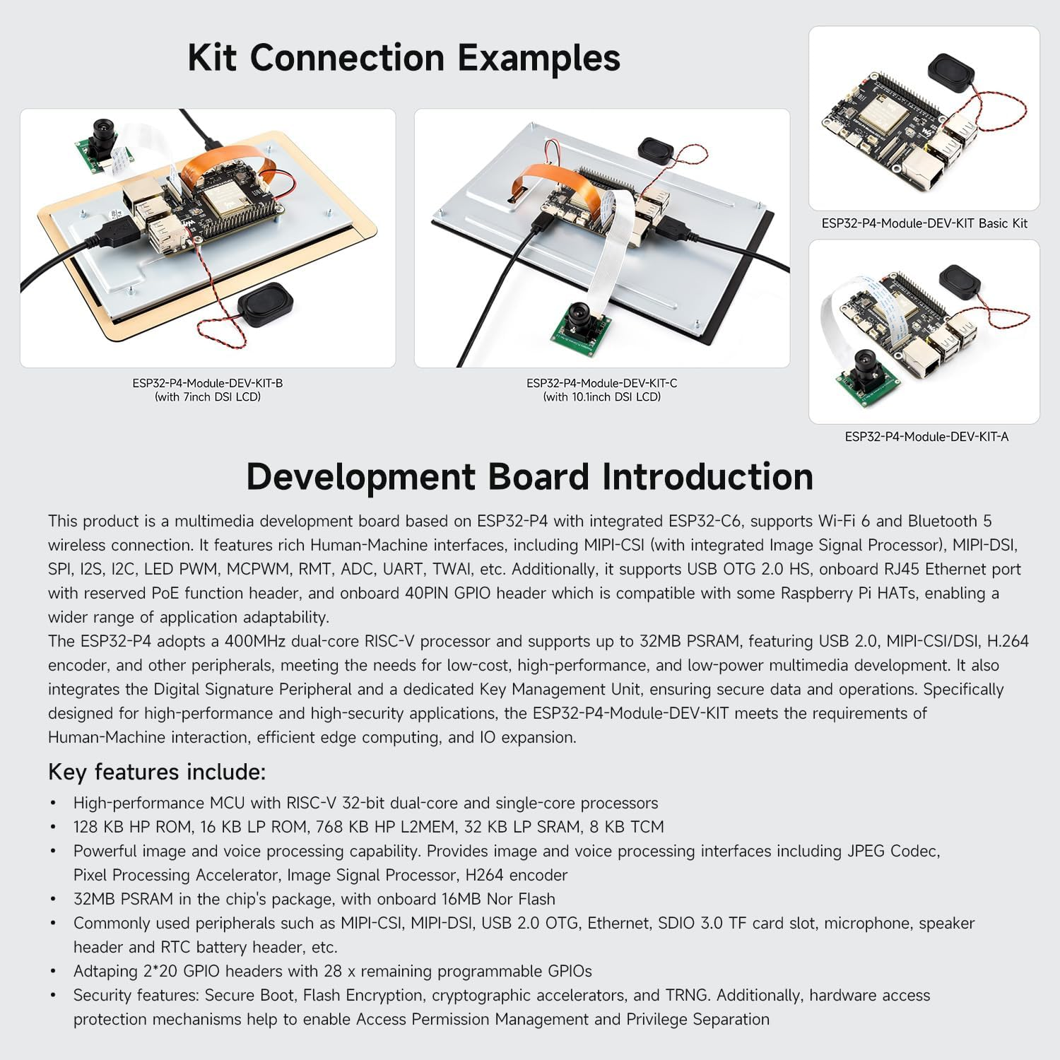 Waveshare Esp32-P4-Module Basic Kit, Esp32-P4-Module High-Performance Development Board, Based on ESP32-P4 & ESP32-C6, Supports Wi-F 6 & BT 5/BLE, with Speaker