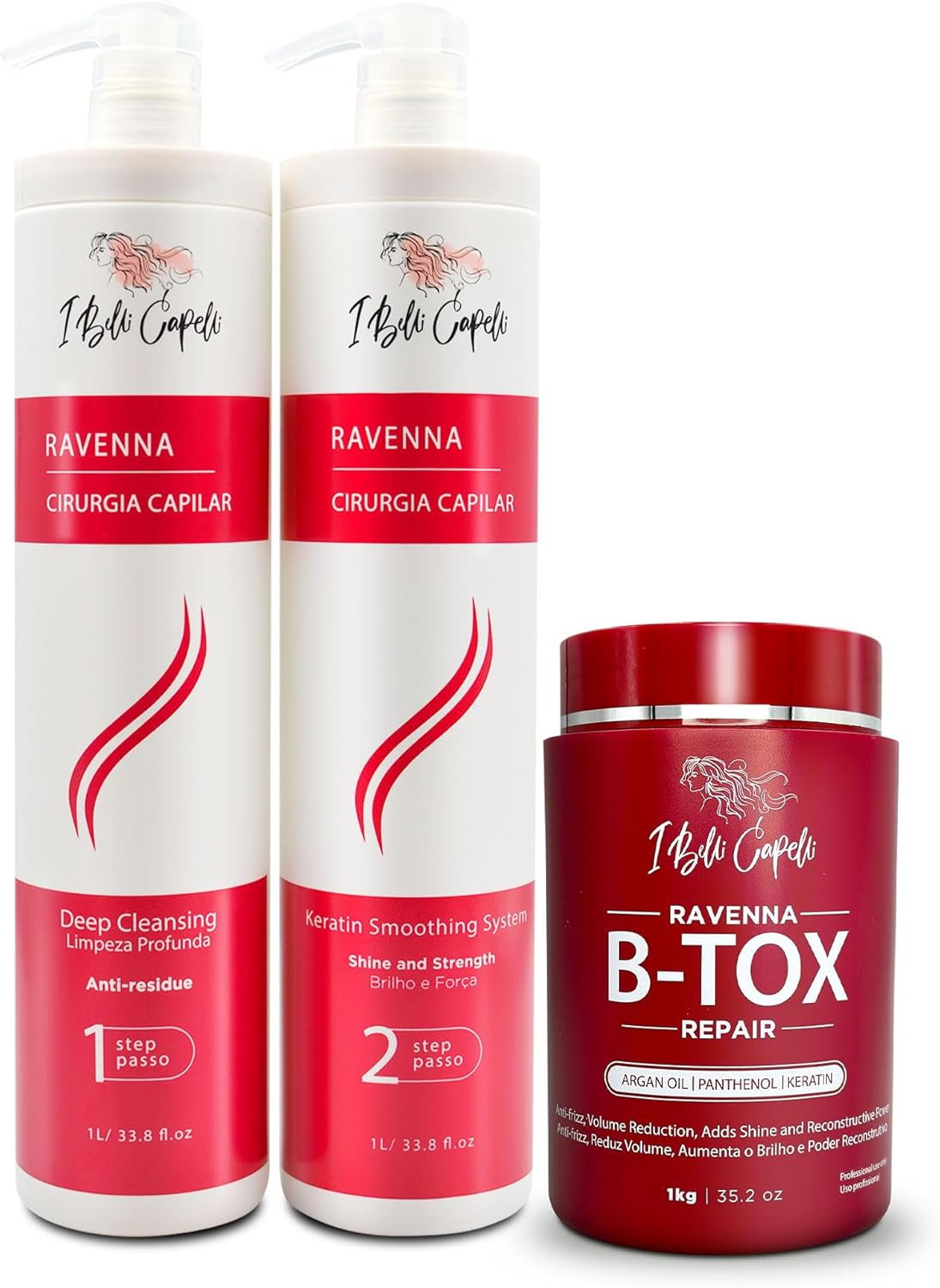 I Belli Capelli Ravenna Professional Keratin Hair B-Tox -Cirugia Capilar Para El Cabello, Smoothing, B-Tox Hair Treatment, Celulas Madres Para El Cabello-Straightener System 3X1L 105.8Oz image number 2