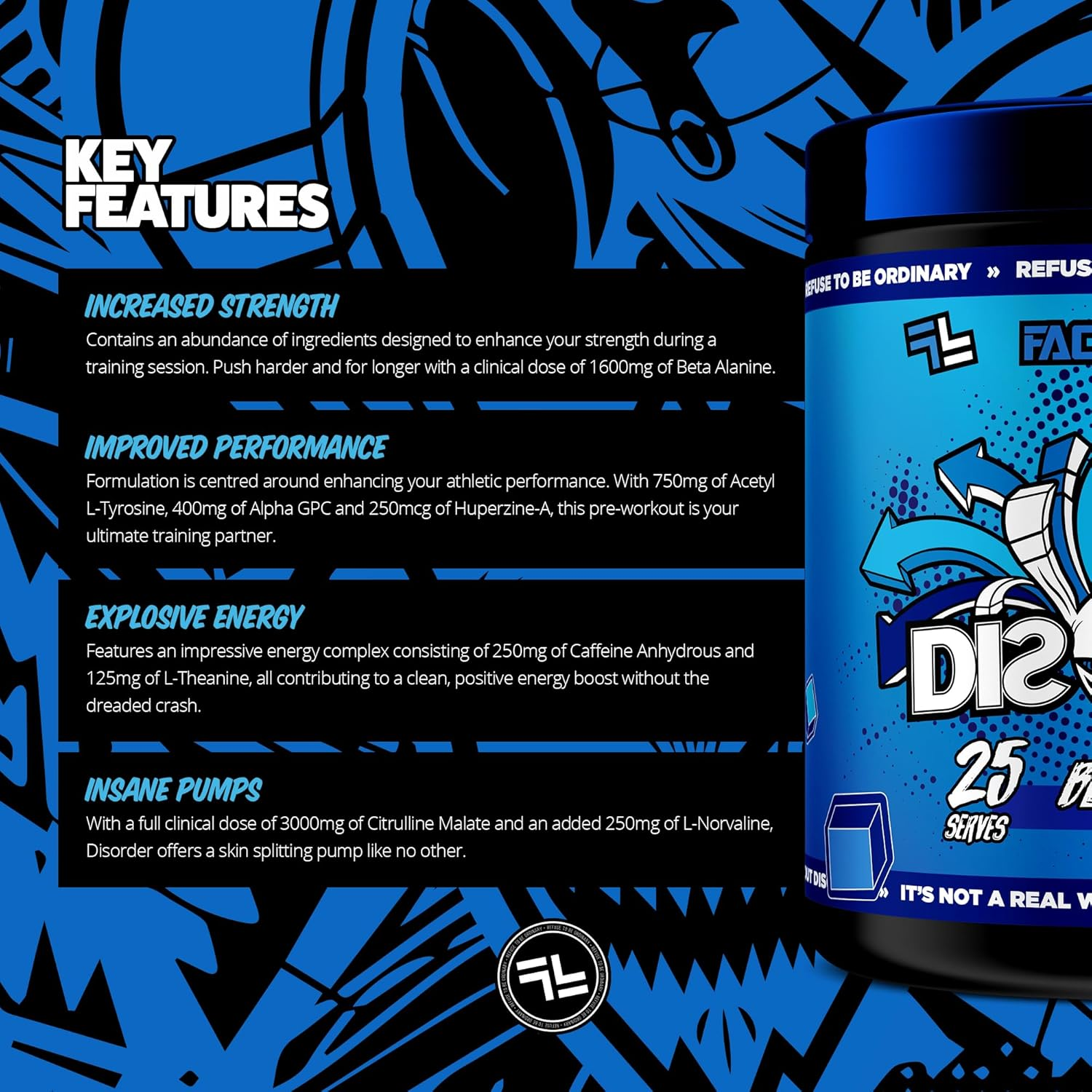 Faction Labs Disorder Original Pre Workout Powder, Blue Pearl, Sugar Free Caffeinated Gym Supplement, 25 Serves, 225G