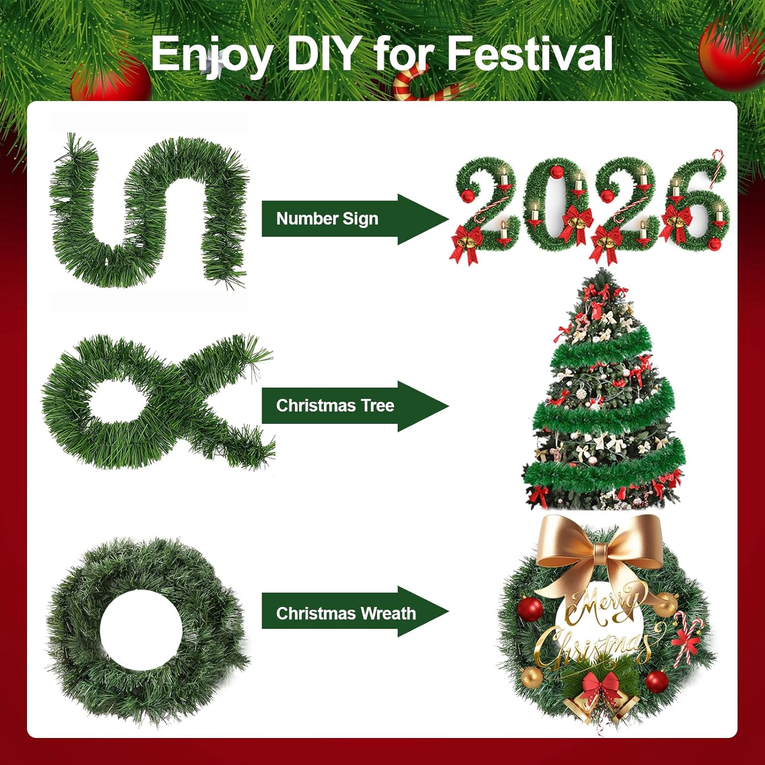 Christmas Garland Christmas Decorations, 50FT Green Christmas Tree Garland Decor DIY Artificial Garland Holiday Outdoor Decorations for Stairs Railing, Fireplace, Staircase, Window, Door
