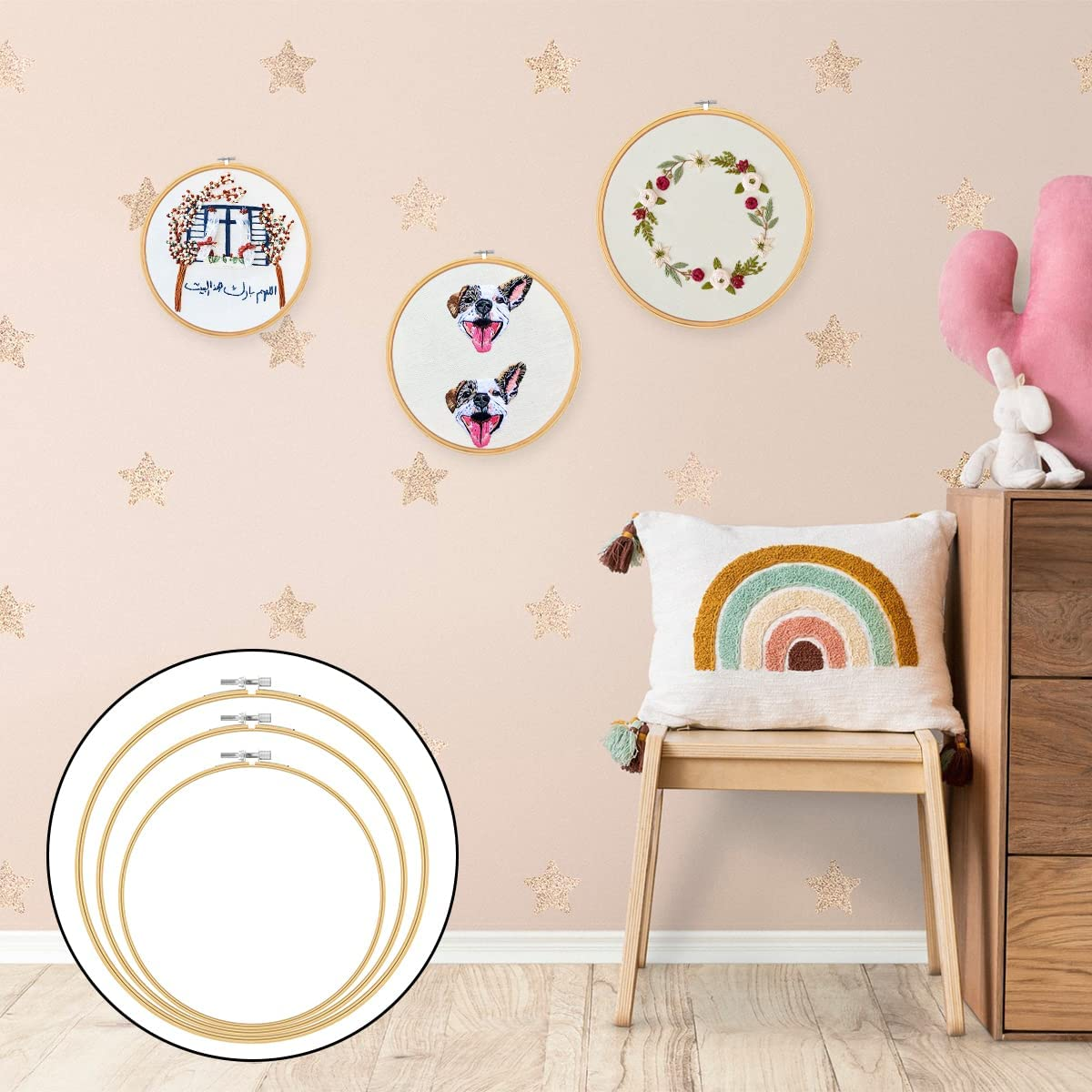 BEZANU Embroidery Hoop, 3PCS Circle Bamboo Cross Stitch Hoop for DIY Art Craft Sewing (20Cm, 26Cm, 30Cm)