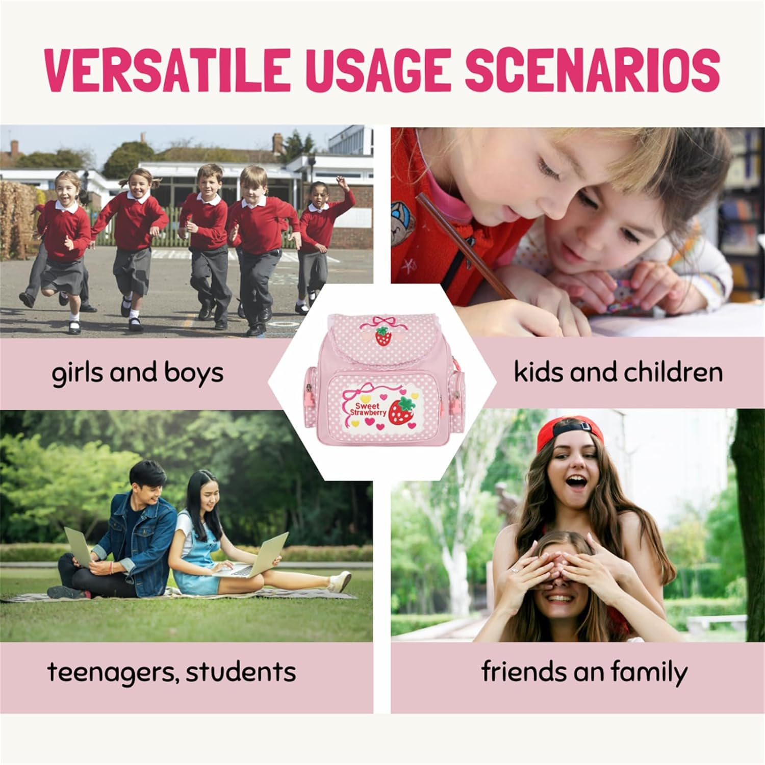 Aobiono Kawaii Strawberry Backpack Mini Cute Anime Aesthetic Pink Lace Polka Dot Small Bookbag Japanese Cartoon Fruit Bag, Pink, Large, Daypack Backpacks image number 5