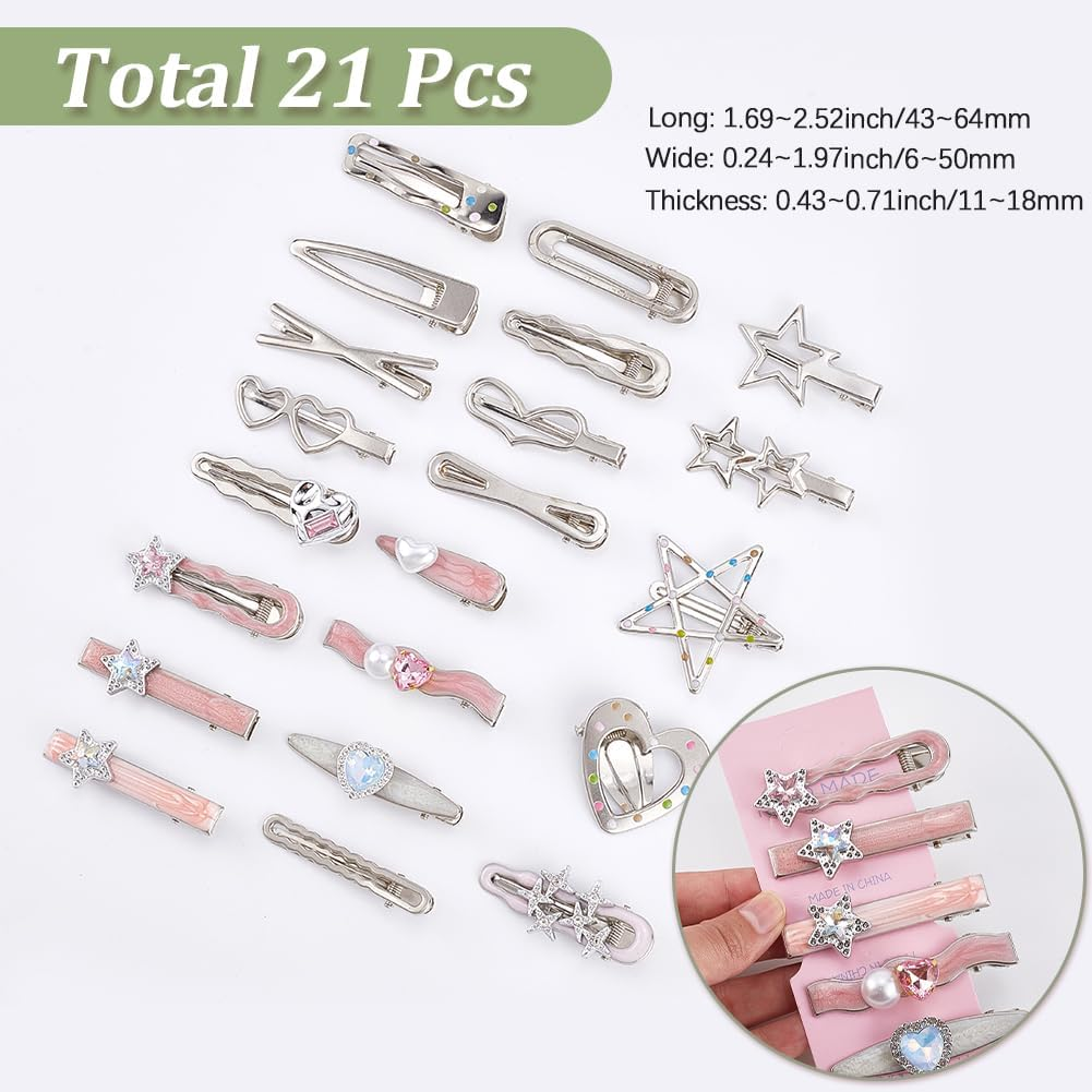 SOFPLATE 1 Box of 21 Silver Hair Clips in Heart and Star Shape Shiny Glitter Hair Clips with Press Stud Double Star Hair Pins Accessories Bow Love Headwear for Women Long and Short image number 4