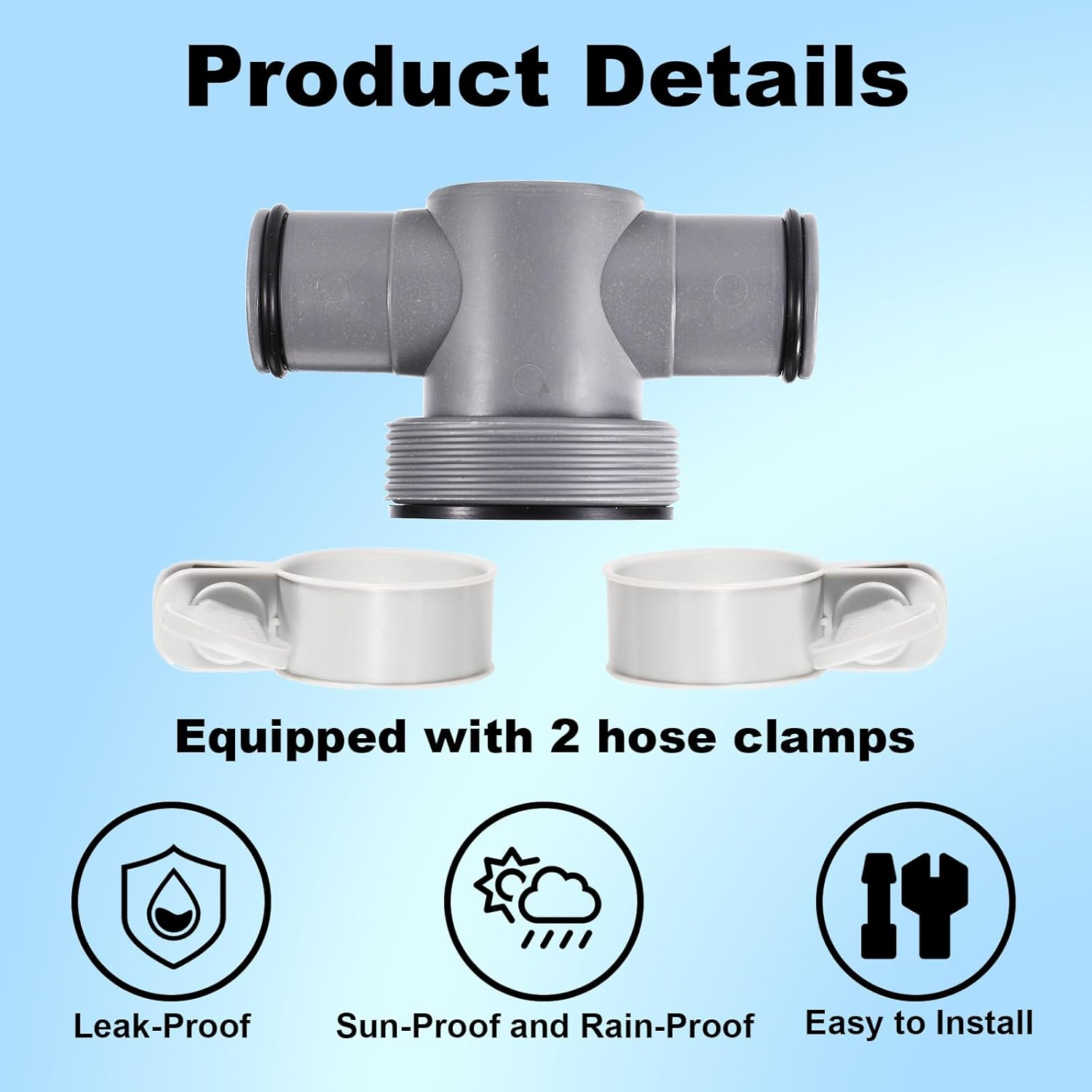 3Pcs Pool T Joint Set Compatible with Coleman & Intex P61408, 1.25In to 1.5In Pool Hose Connector with O Rings and Hose Clamps for Filter Pump Replacement Accessories