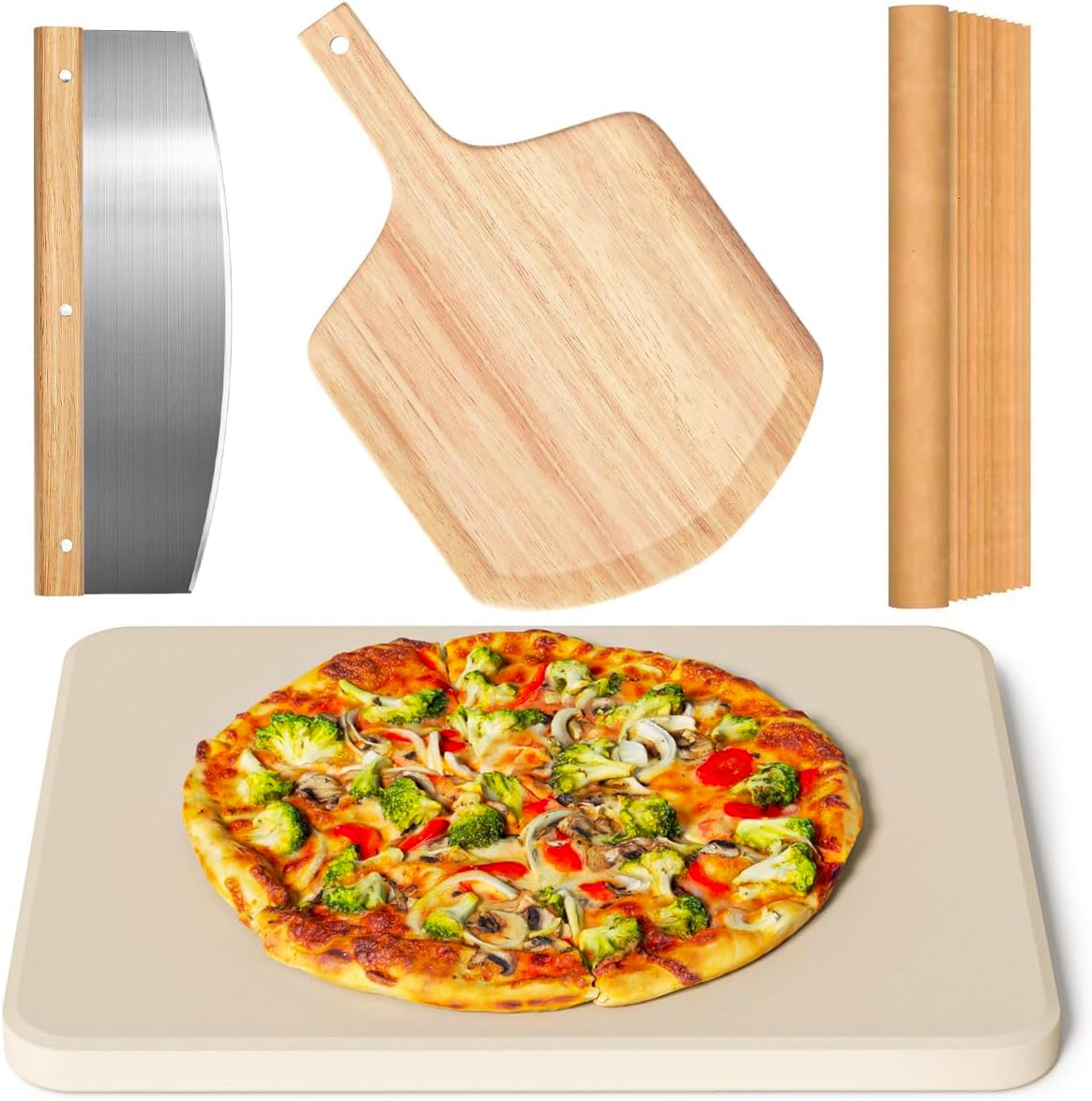 4 PCS Pizza Stone Set with Wooden Pizza Peel, 38 * 30CM Rectangle Cordierite Stones, Pizza Cutter & 10Pcs Cooking Paper (4) image number 5