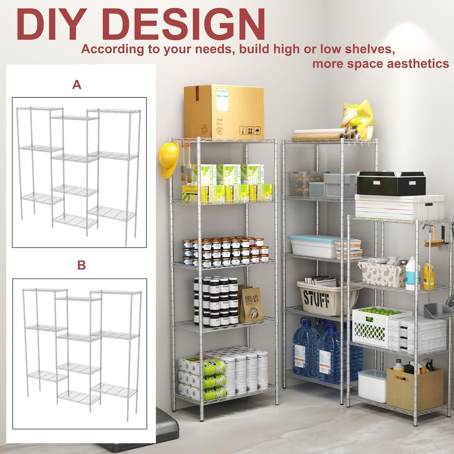 HOMEFORT 5-Shelving Unit,Adjustable Storage Shelves,Metal Wire Shelf with Shelf Liners and Hooks for Kitchen,Closet,Bathroom,Laundry,Sliver,21" W X 11" D X 59" H image number 3
