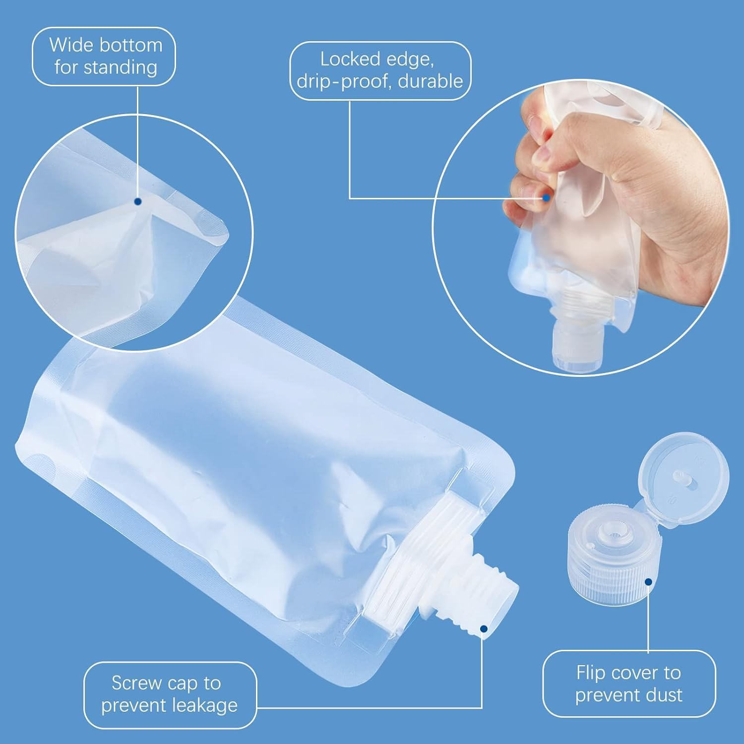 EOMECUIGAO Travel Toiletries Pouches 15 PCS Portable Refillable Stand up Pouch 100ML for Shampoo, Conditioner, Lotion, Liquids image number 6