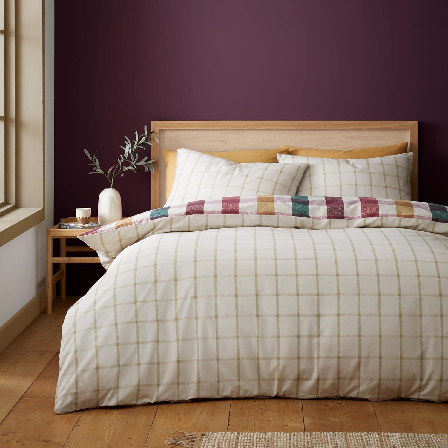 Catherine Lansfield Autumn Check Reversible Double Duvet Cover Set with Pillowcases Plum image number 6
