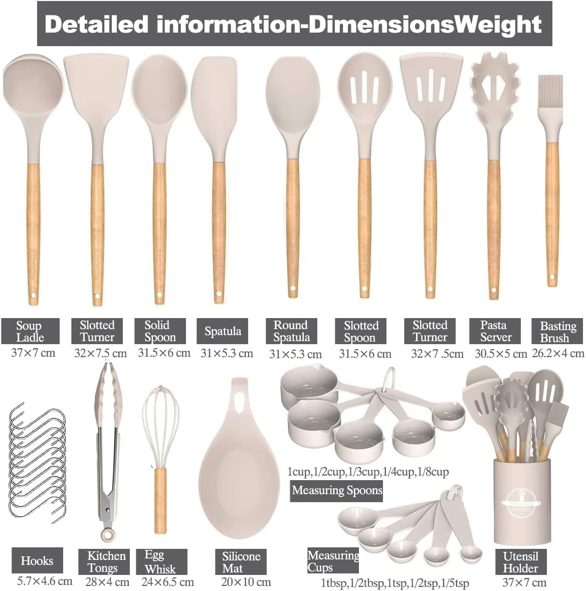 Kitchen Utensil Set（33- Piece）,446&deg;F Heat Resistant, Non-Stick Cookware,Multi Functional Silicone Cooking Utensils Set with Wooden Handles for Cooking, Baking（Khaki）