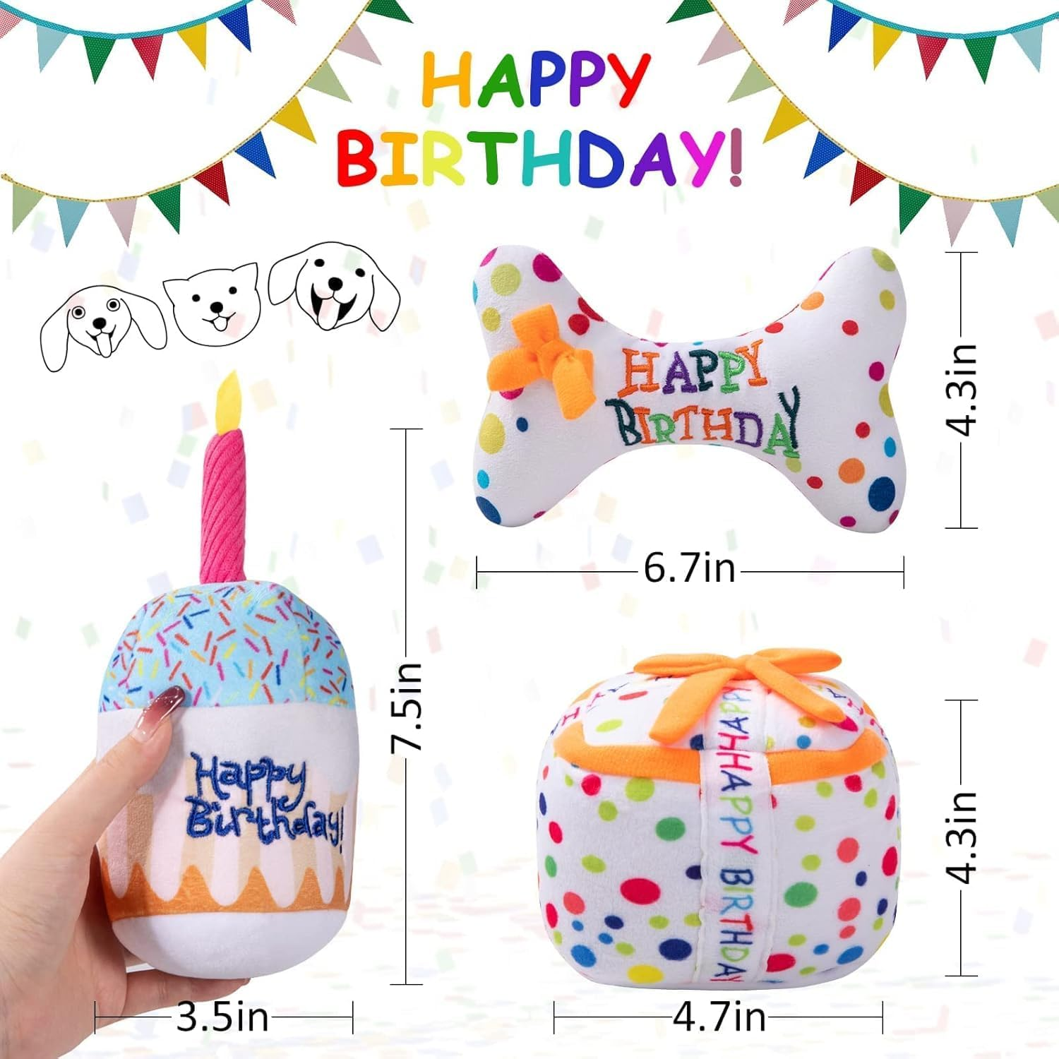 3Pcs Birthday Gifts for Dogs, Dog Squeaky Toys, Plush Pet Birthday Toys Birthday Theme Puppy Toys for Party Gifts