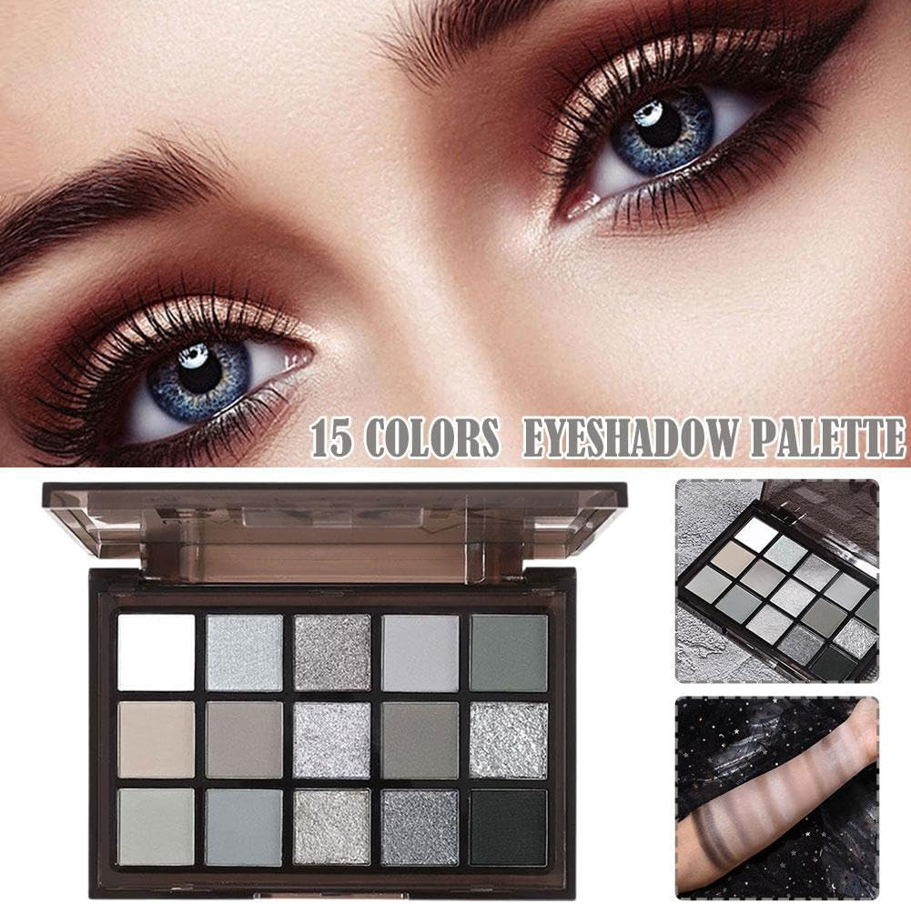Black Smokey Eye Shadow Palette, 15 Colors Cool Toned, Gray Silver White Matte Glitter Eyeshadow Palette, Pressed Shimmer Pigmented Eyeshadow image number 1
