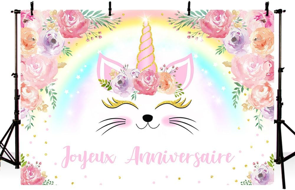 AIBIIN 7X5Ft Unicorn Birthday Backdrop for Girls Pastel Rainbow Floral Unicorn Glitter Stars Dots Joyeux Anniversary Party Banner Photo Props image number 6